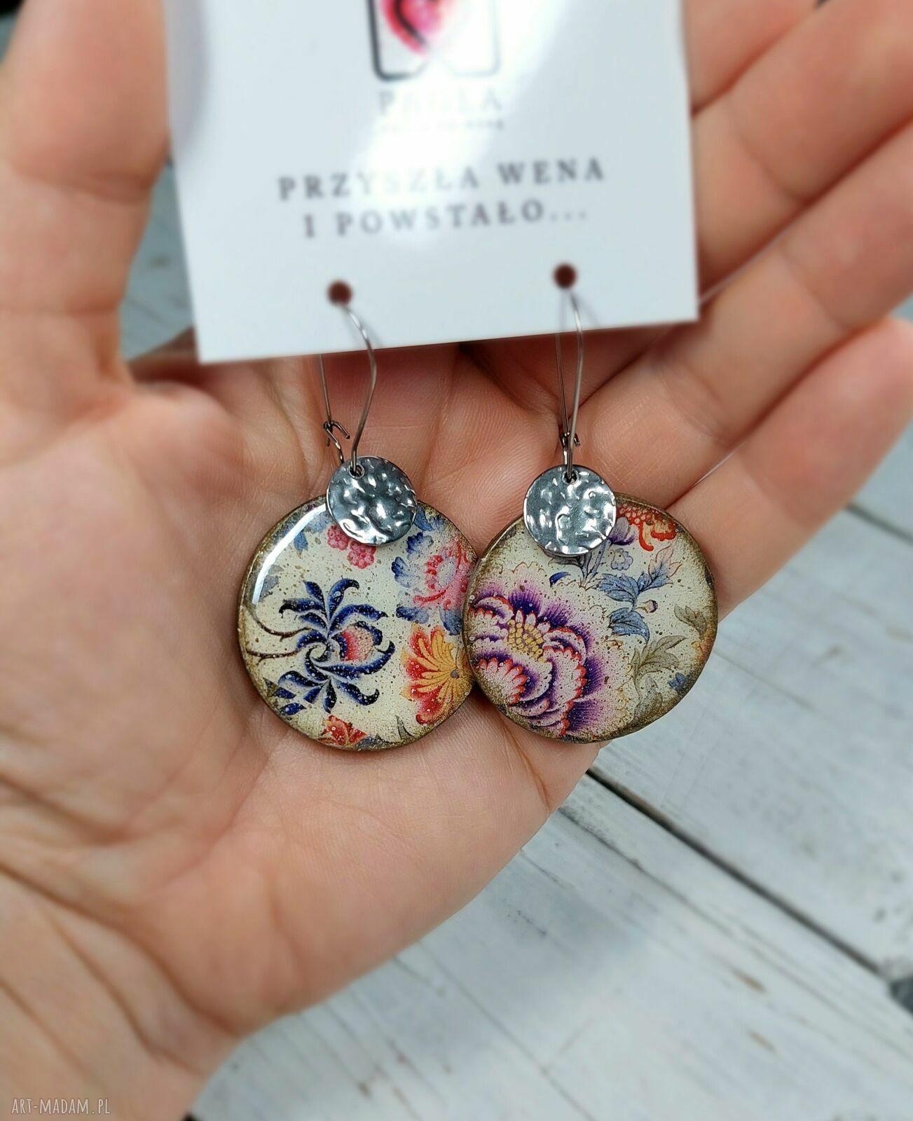 Kolczyki decoupage folk ze stali chirurgicznej - rękodzieło art-Madam.pl