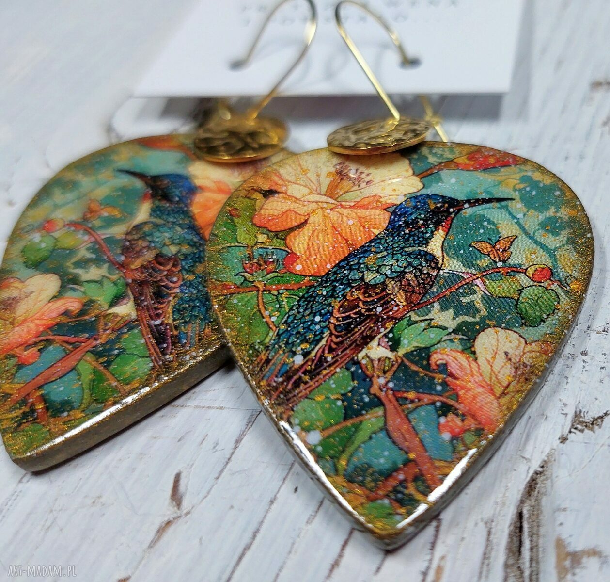 Kolczyki decoupage ze stali chirurgicznej - vintage kwiaty i ptak