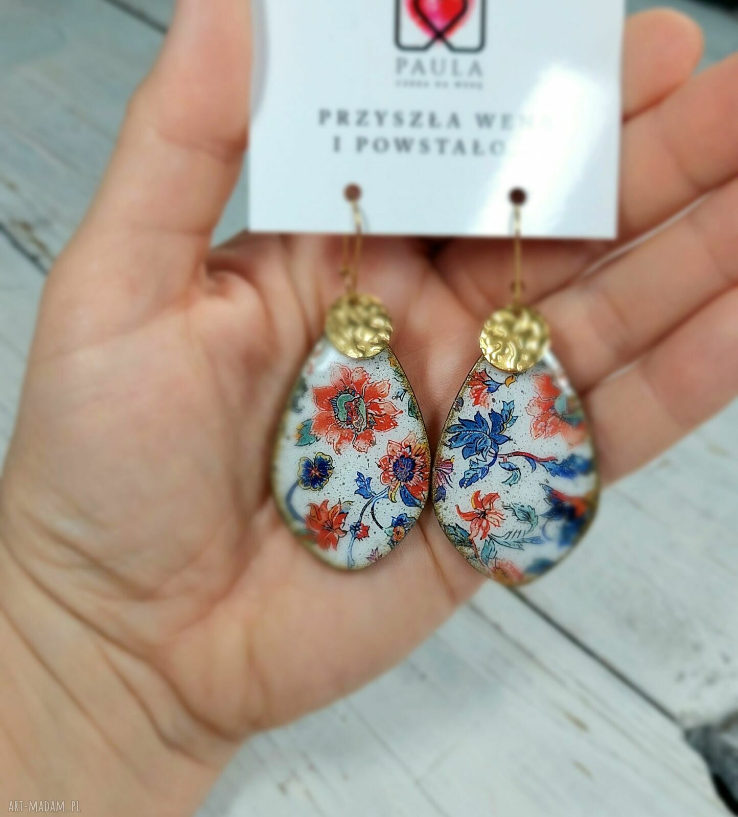 Orientalne kolczyki decoupage z żywicą - stal chirurgiczna