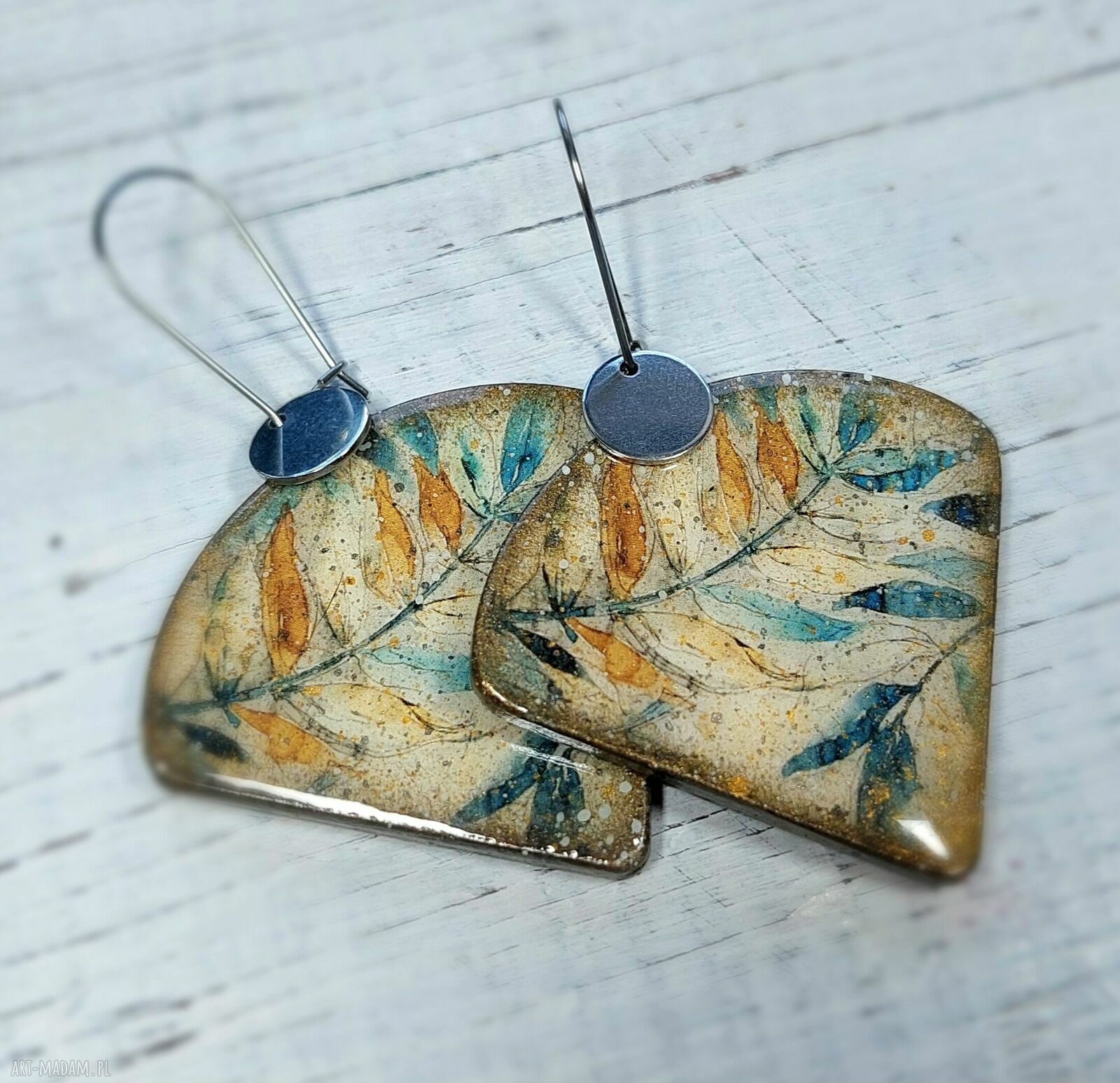 Wiszące kolczyki decoupage - jesień vintage, motyw roślinny, żywica UV (stal chirurgiczna)