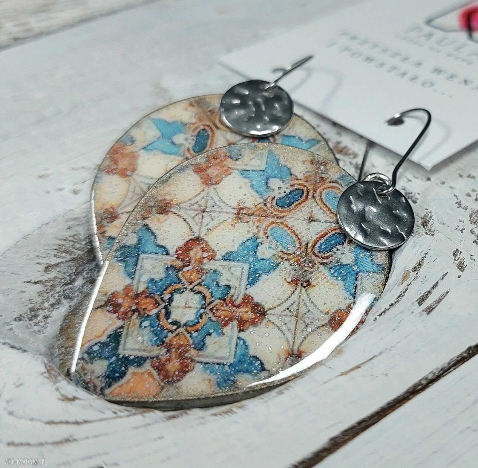 Kolczyki decoupage Kafle vintage - niebieskie, brązowe i srebrne
