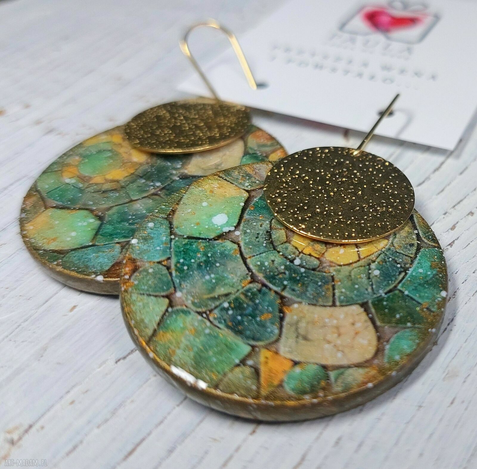 Kolczyki decoupage z żywicą - zielone koła