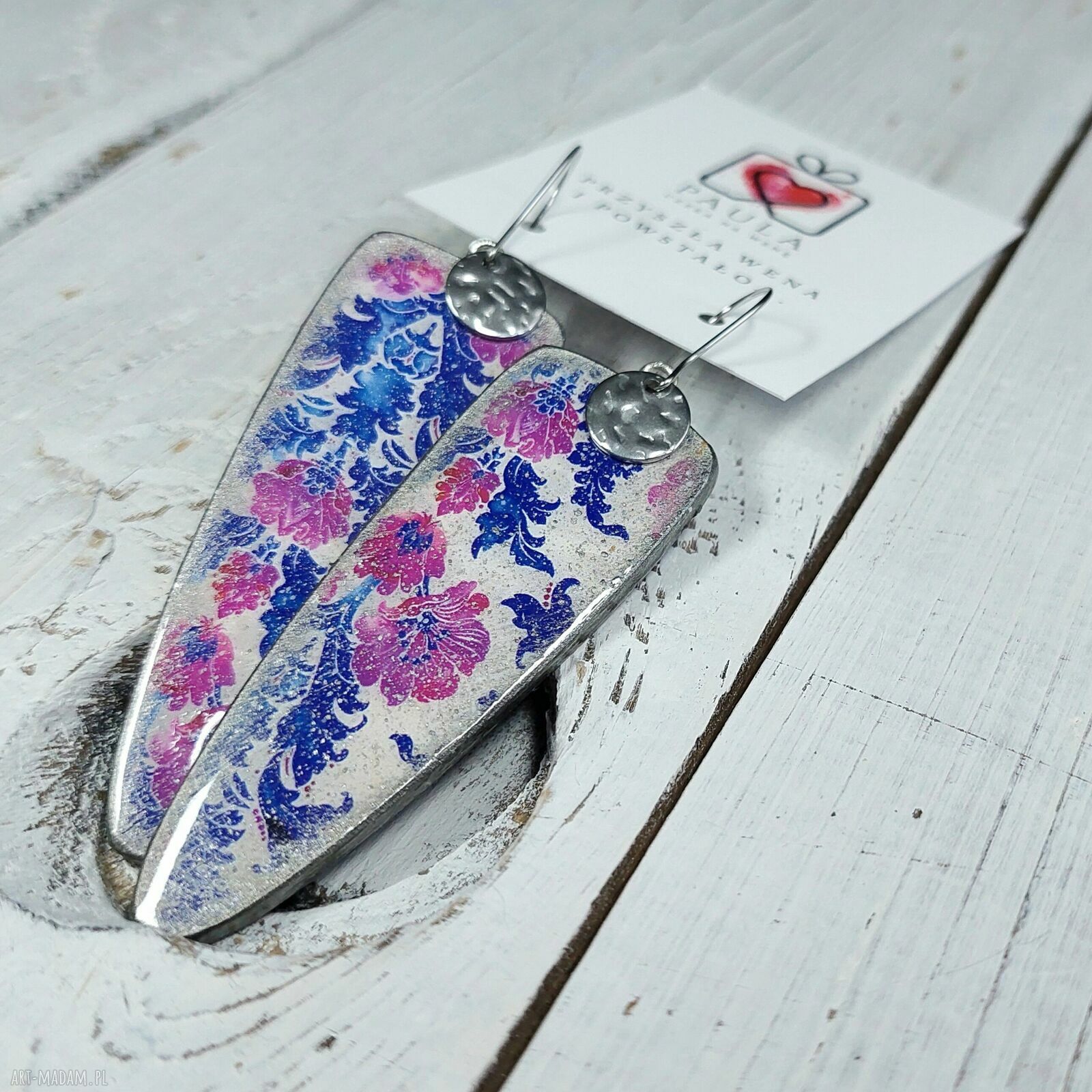 Wakacyjne kolczyki decoupage z kwiatami vintage - żywica i stal chirurgiczna