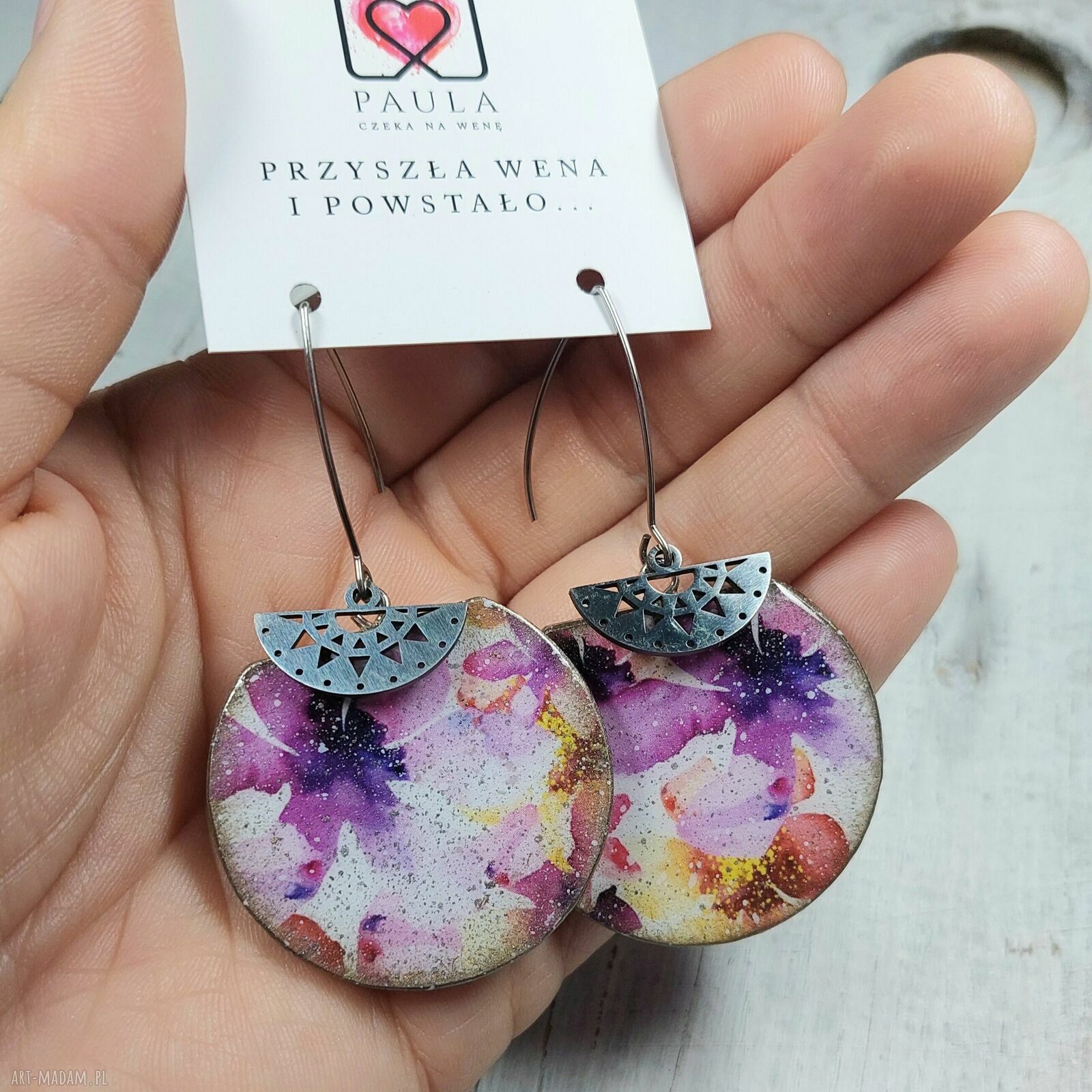 Kolczyki decoupage Kwiaty w stylu vintage - wiszące, z motywem kwiatowym i ze stali chirurgicznej