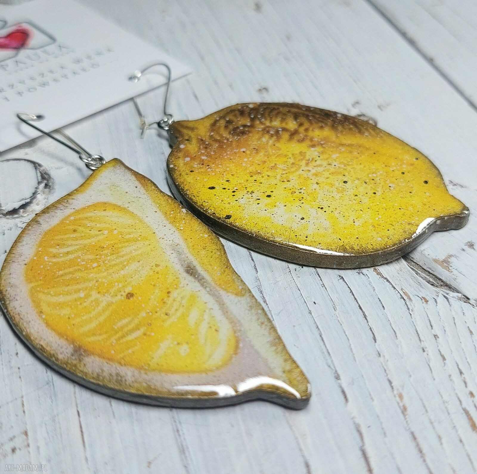 Kolczyki decoupage duże cytryny z żywicą i stali chirurgicznej