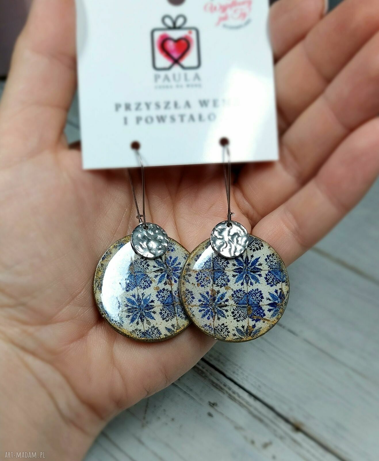 Kolczyki decoupage wiszące w orientalnym stylu - stal chirurgiczna i żywica