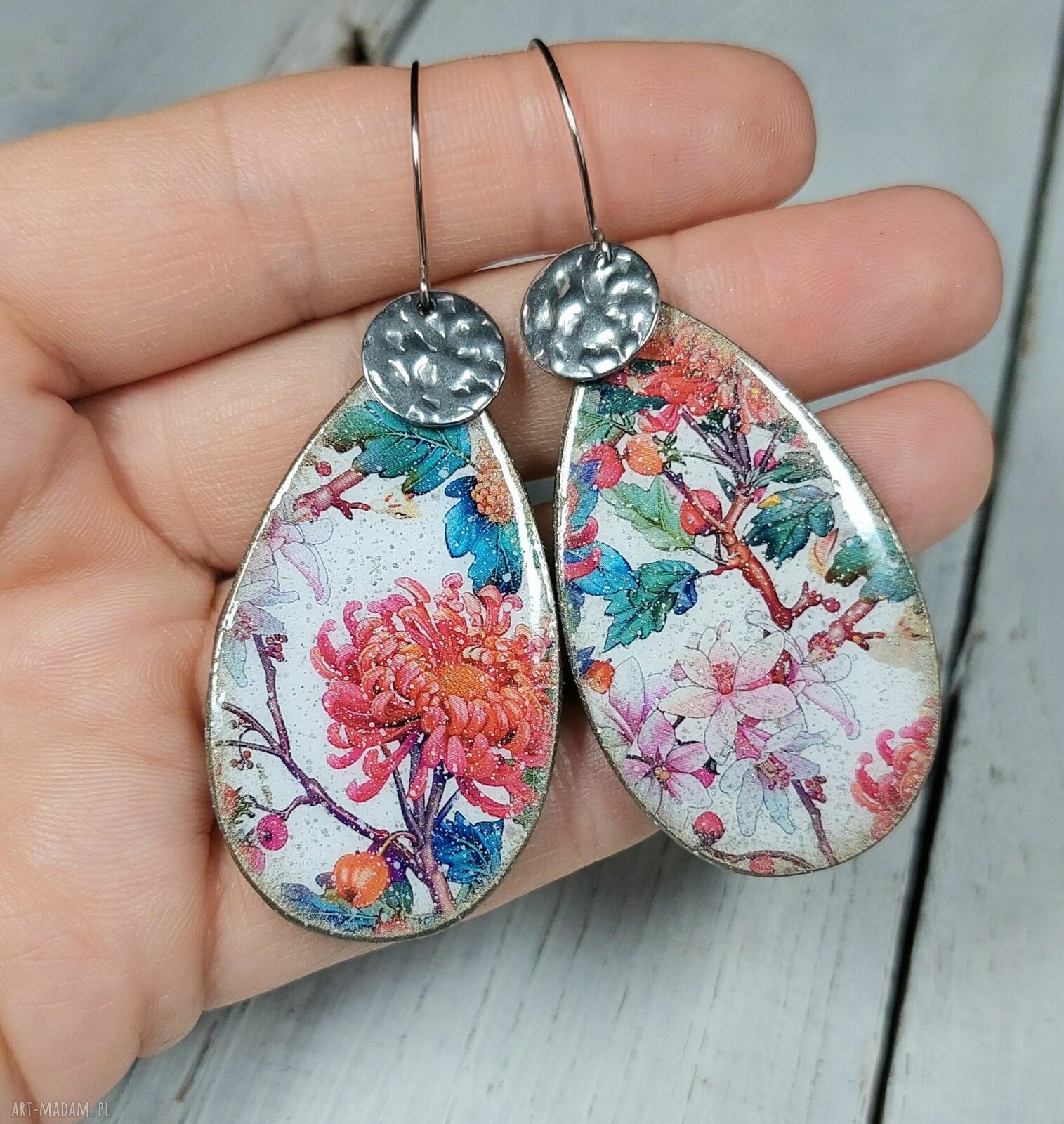 Kolczyki decoupage orientalne z kwiatami na stali chirurgicznej