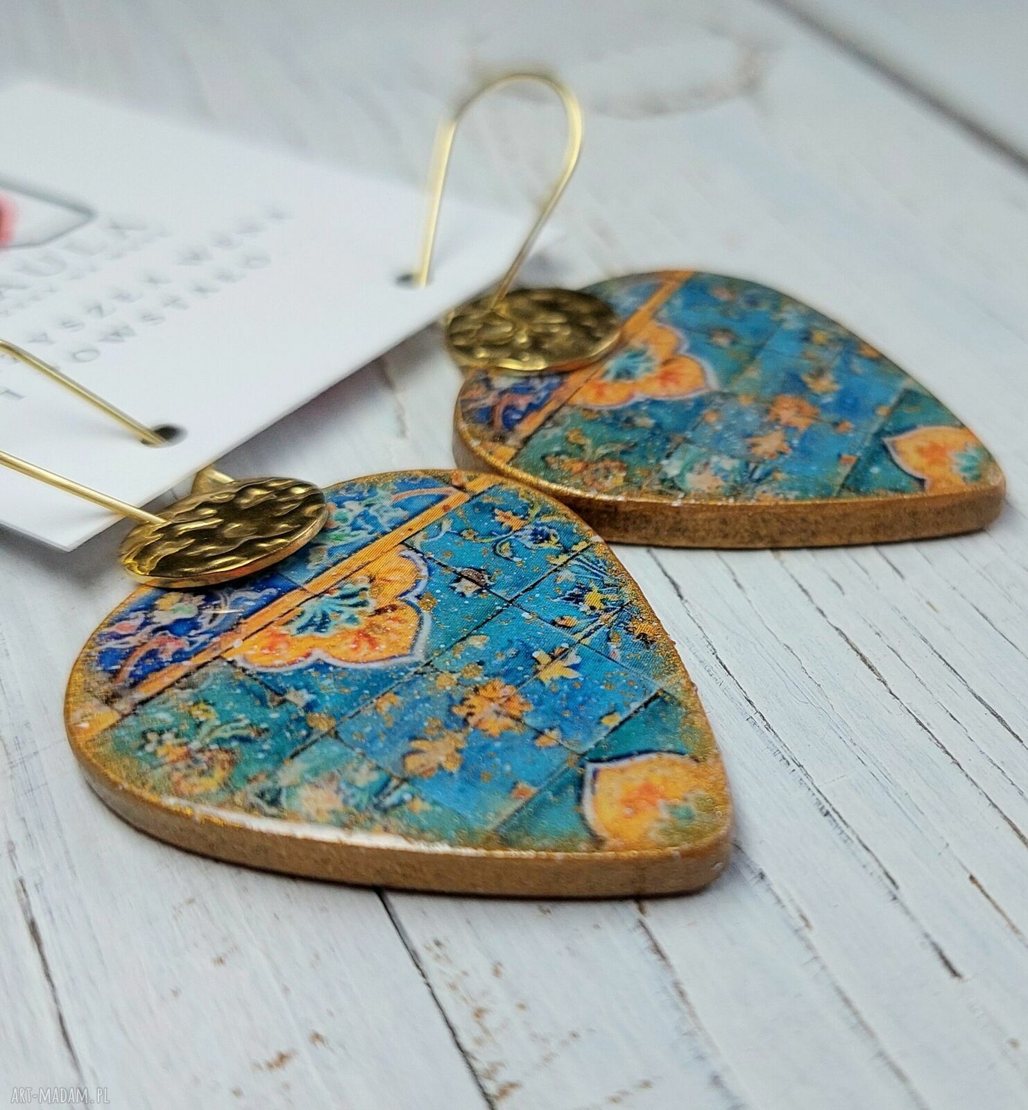 Kolczyki decoupage orientalne z żywicy i stali chirurgicznej - turkus i złoto