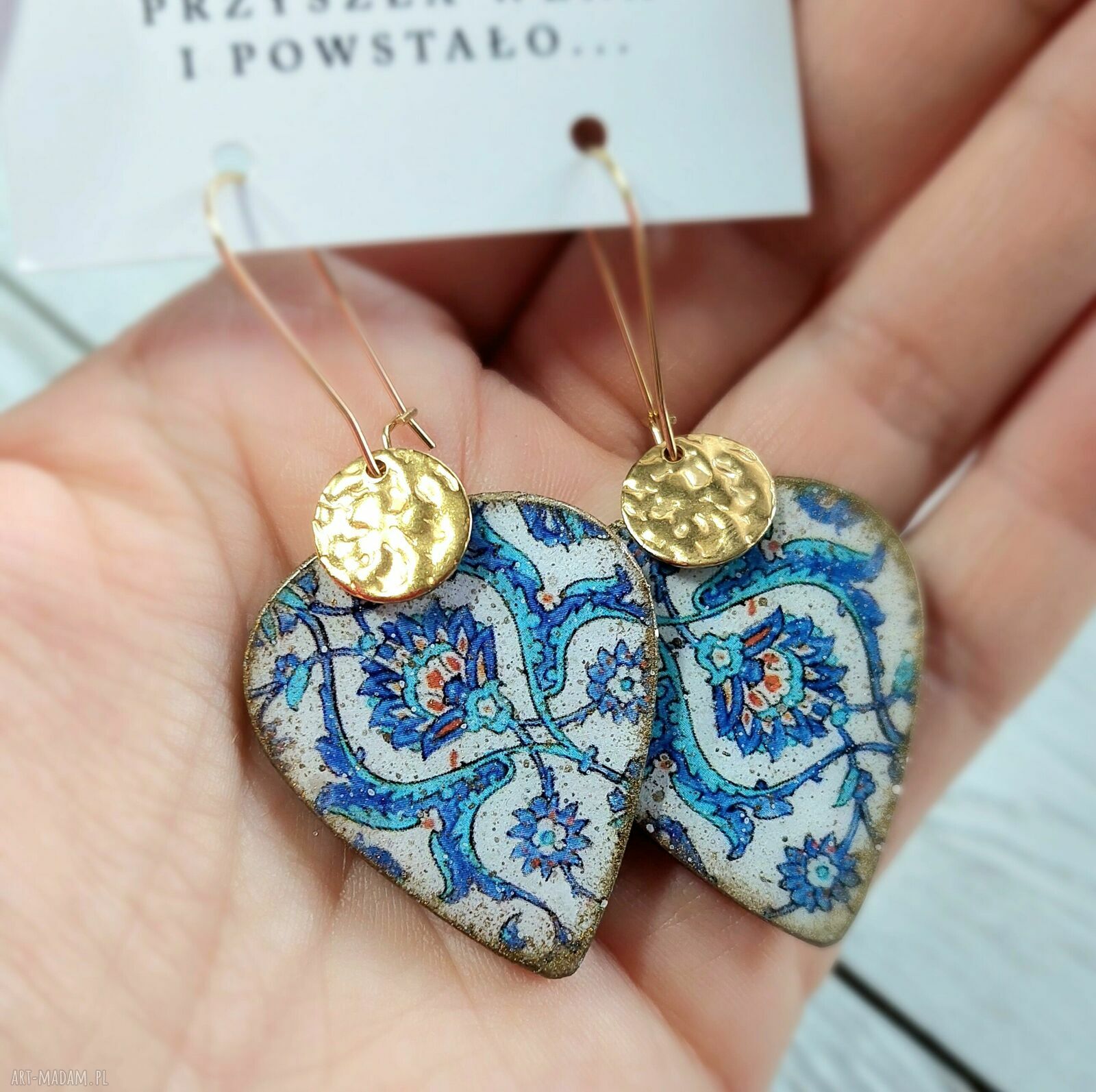 Wiszące kolczyki decoupage z orientalnym motywem w żywicy - stal chirurgiczna