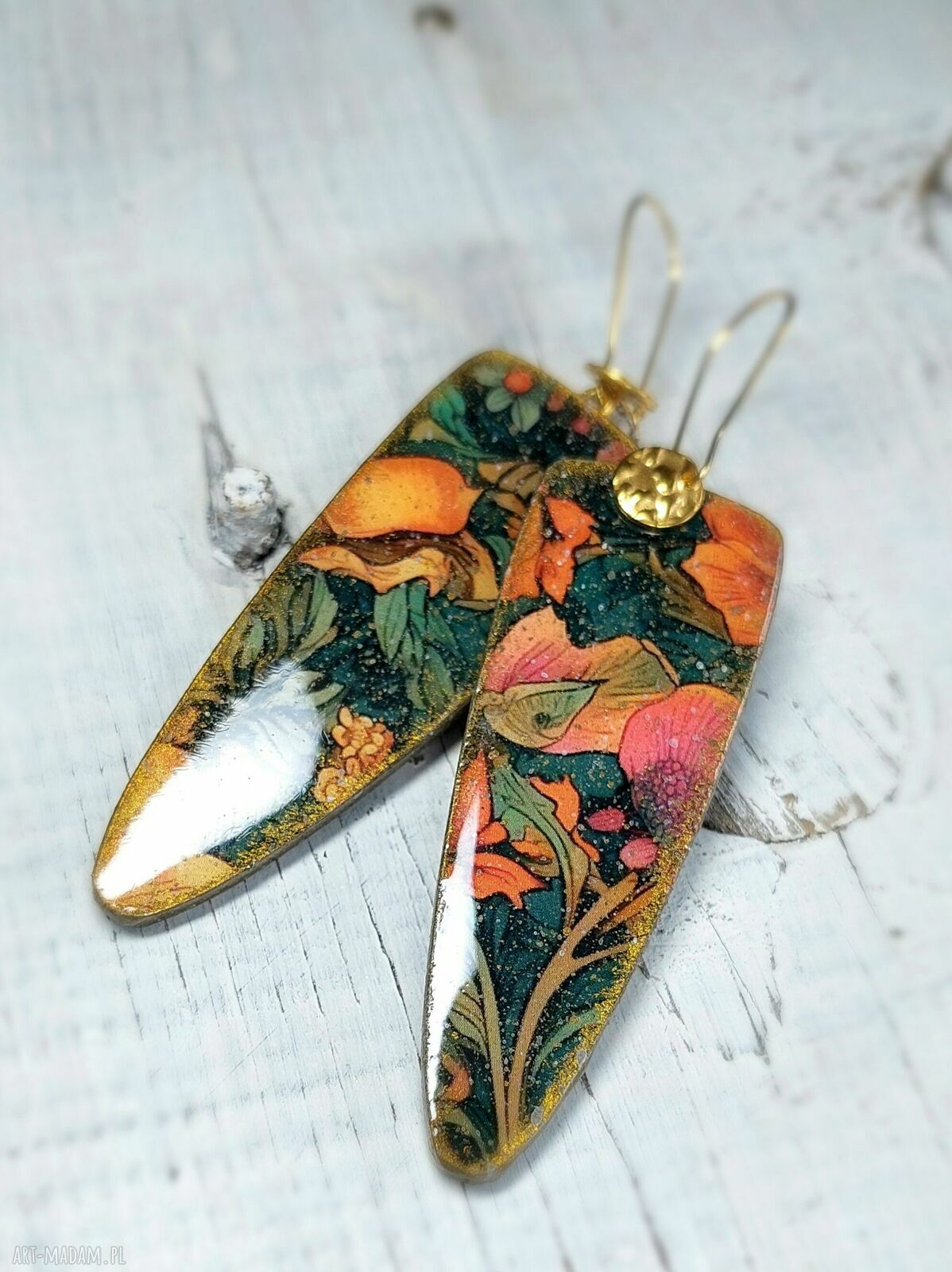 Kolczyki decoupage Orientalne Kwiaty w secesyjnym stylu - stal chirurgiczna i żywica