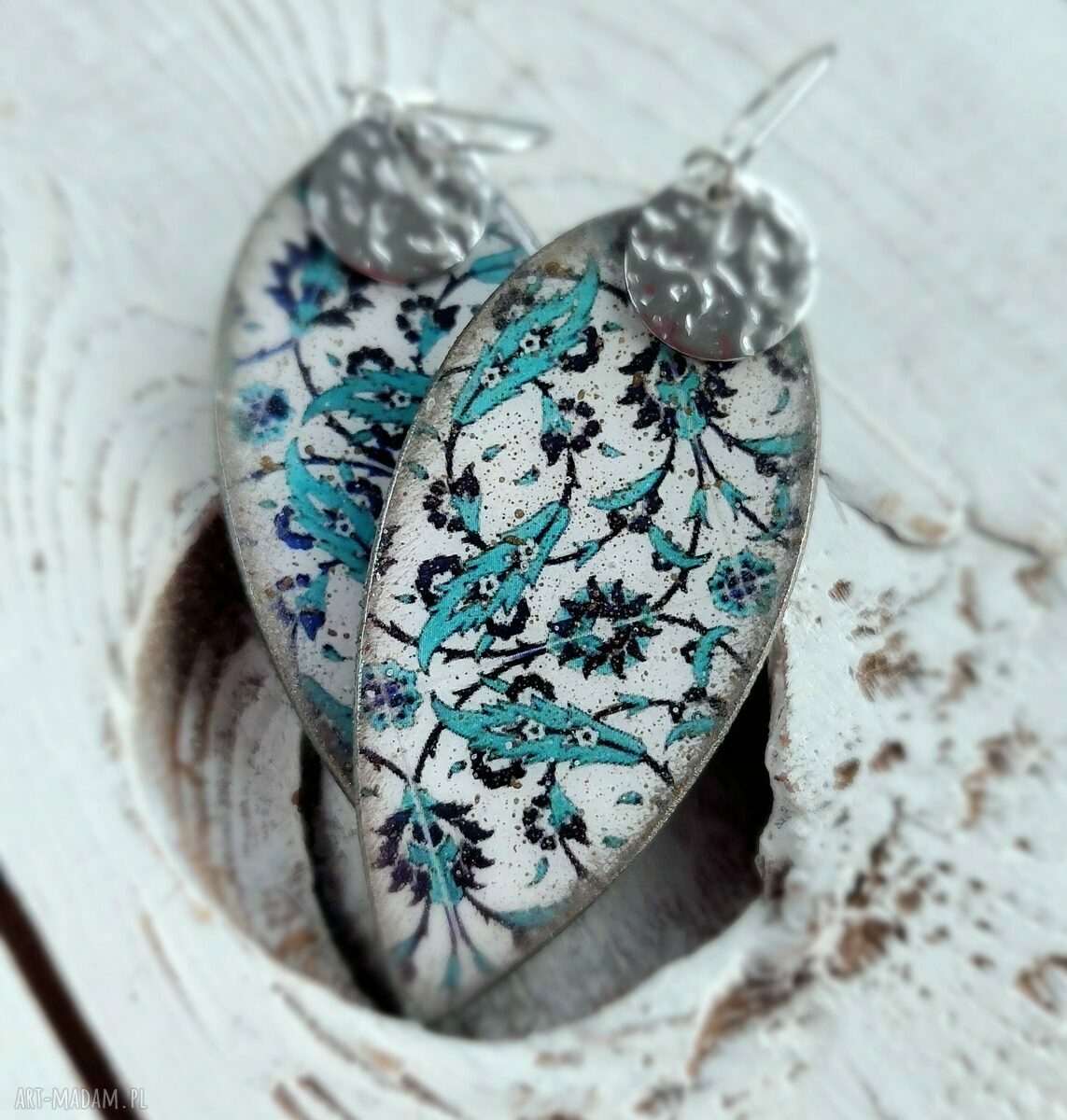 Wiszące kolczyki decoupage z motywem kafli - orientalny, wakacyjny klimat