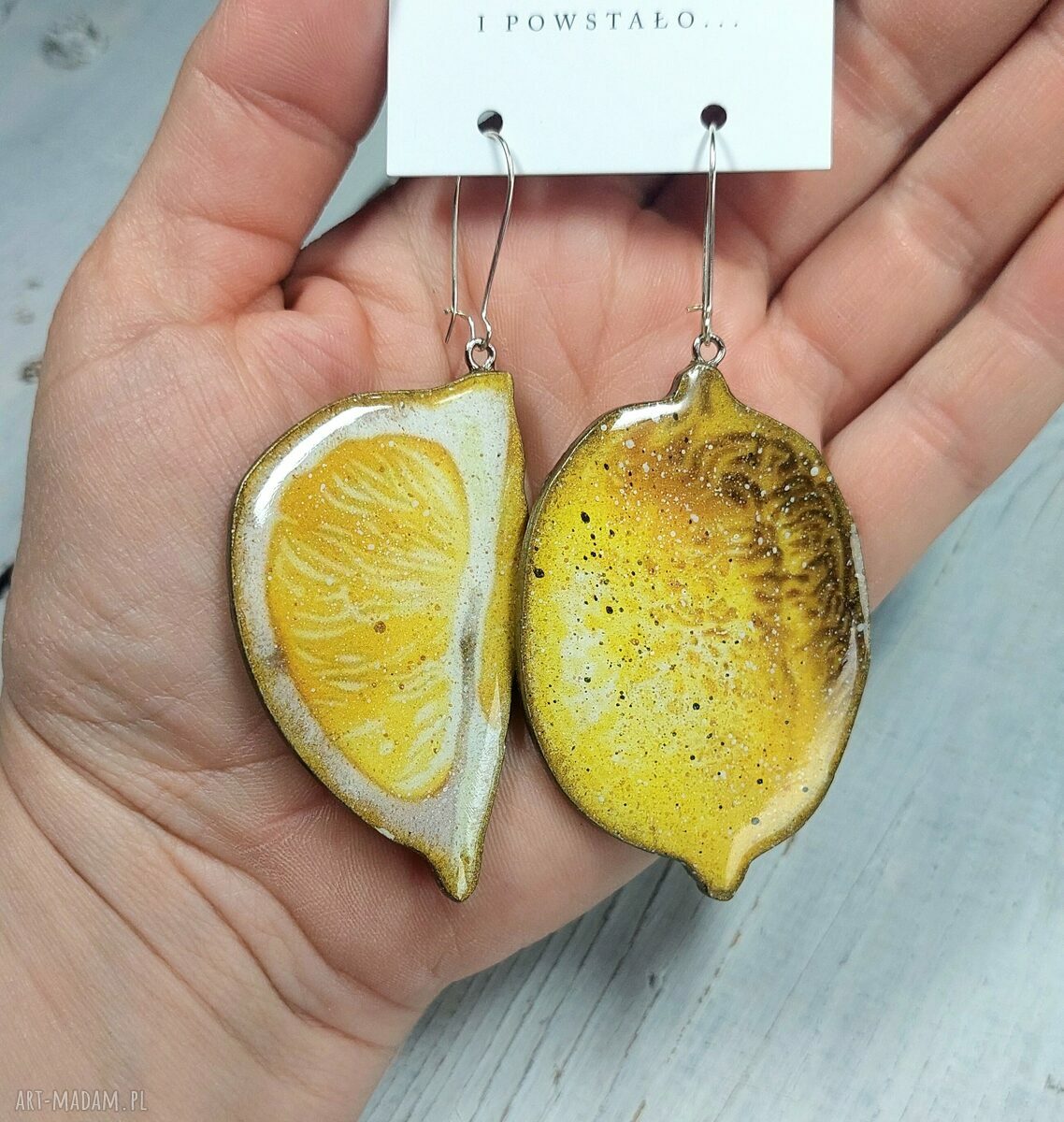 Kolczyki decoupage duże cytryny z żywicą i stali chirurgicznej