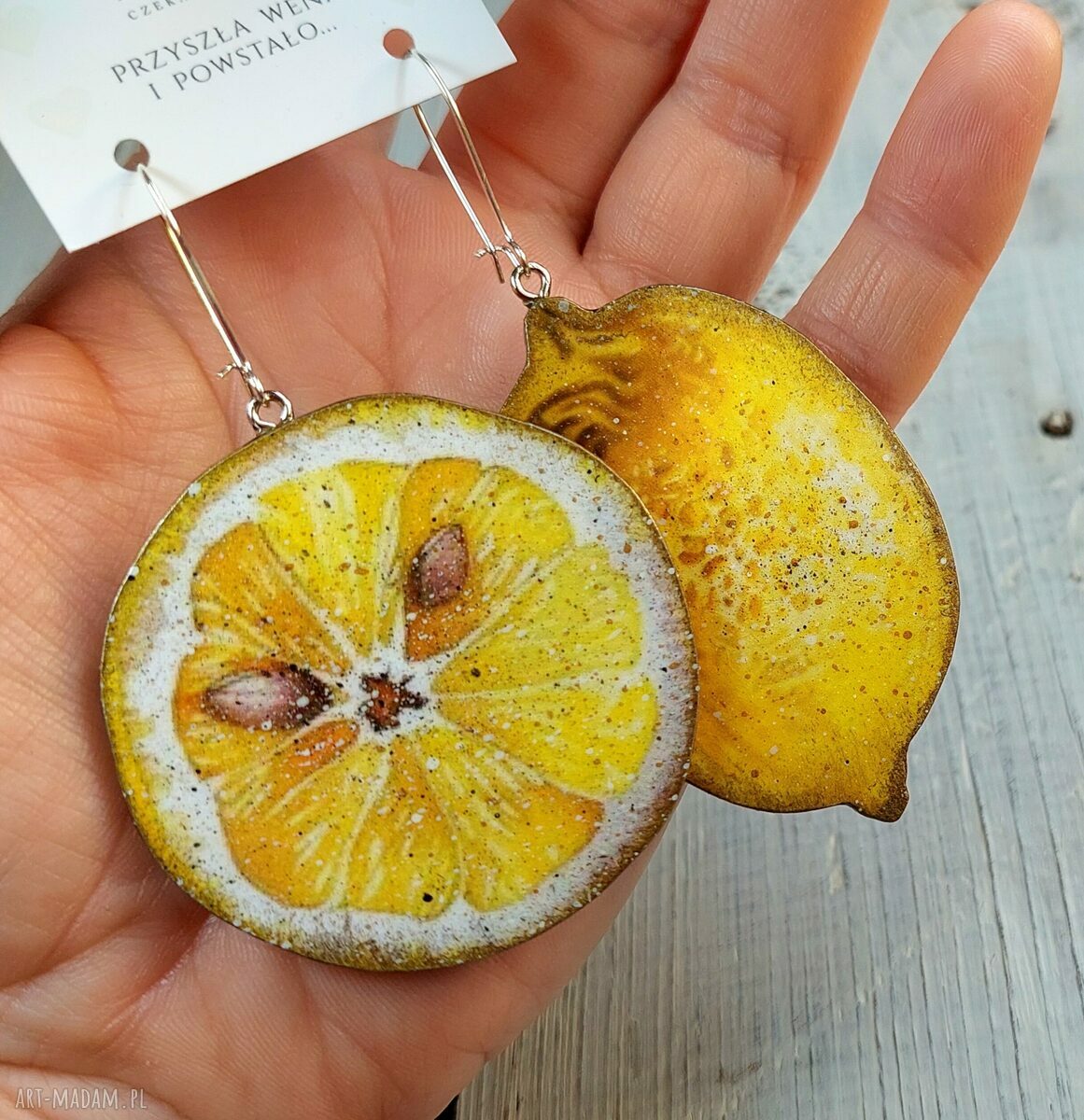 Kolczyki decoupage duże cytryny - żółte na stali chirurgicznej