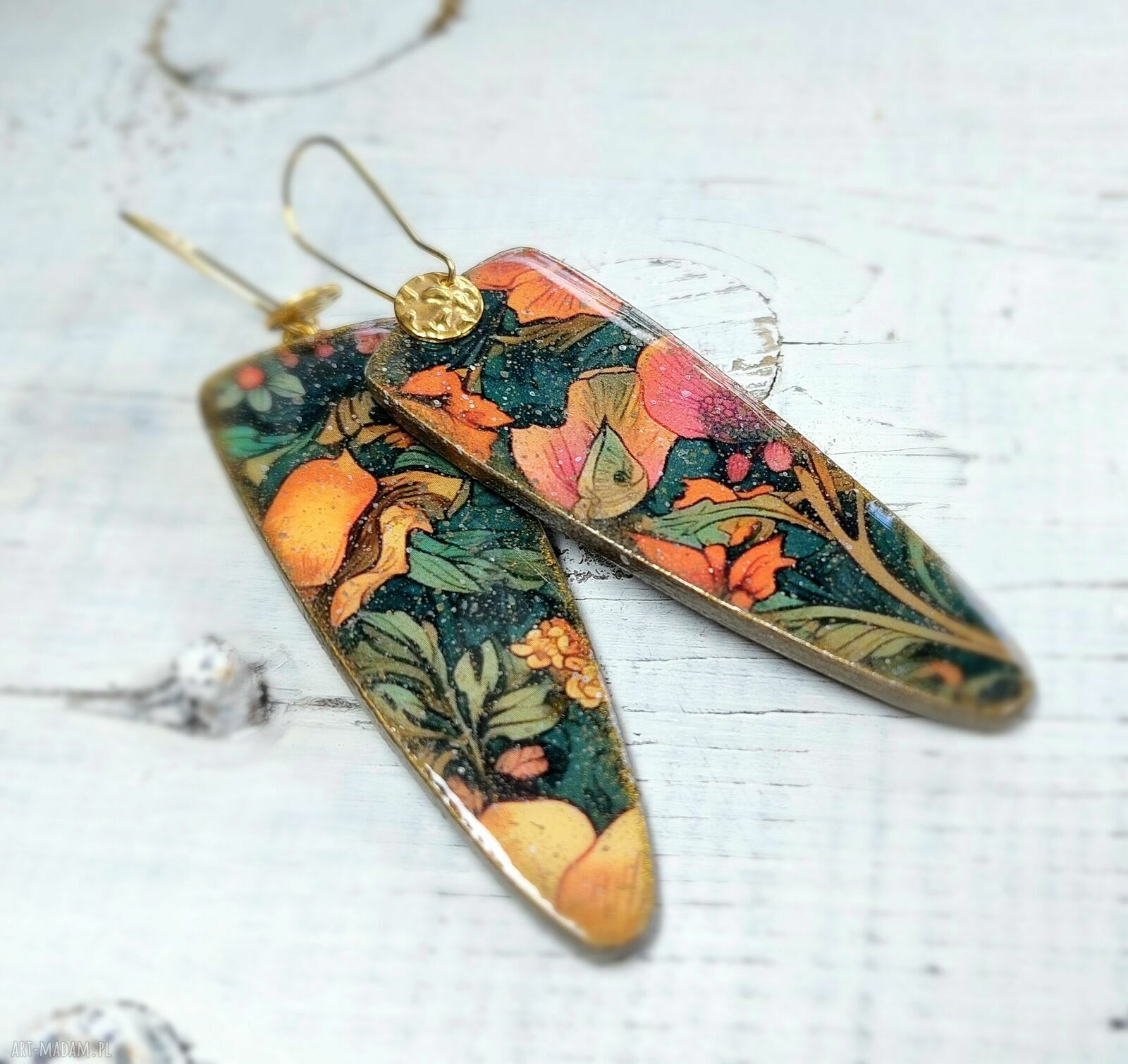 Kolczyki decoupage Orientalne Kwiaty w secesyjnym stylu - stal chirurgiczna i żywica