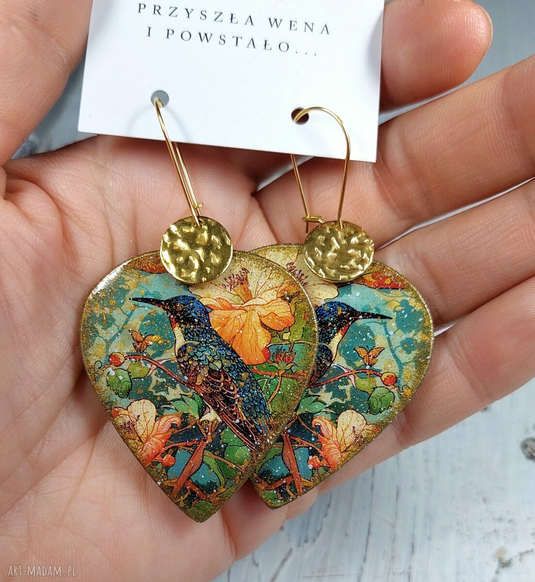 Kolczyki decoupage ze stali chirurgicznej - vintage kwiaty i ptak
