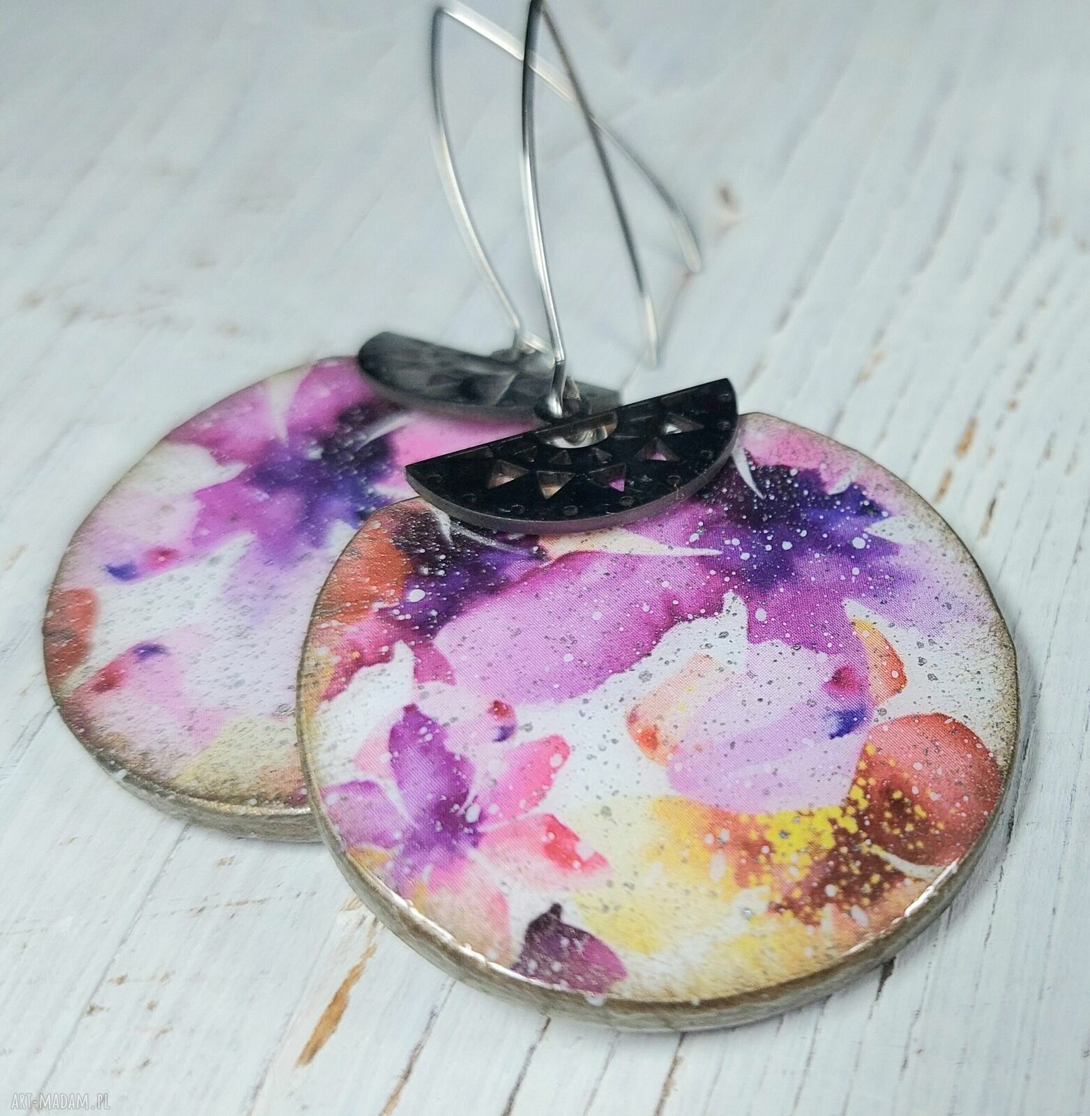 Kolczyki decoupage Kwiaty w stylu vintage - wiszące, z motywem kwiatowym i ze stali chirurgicznej