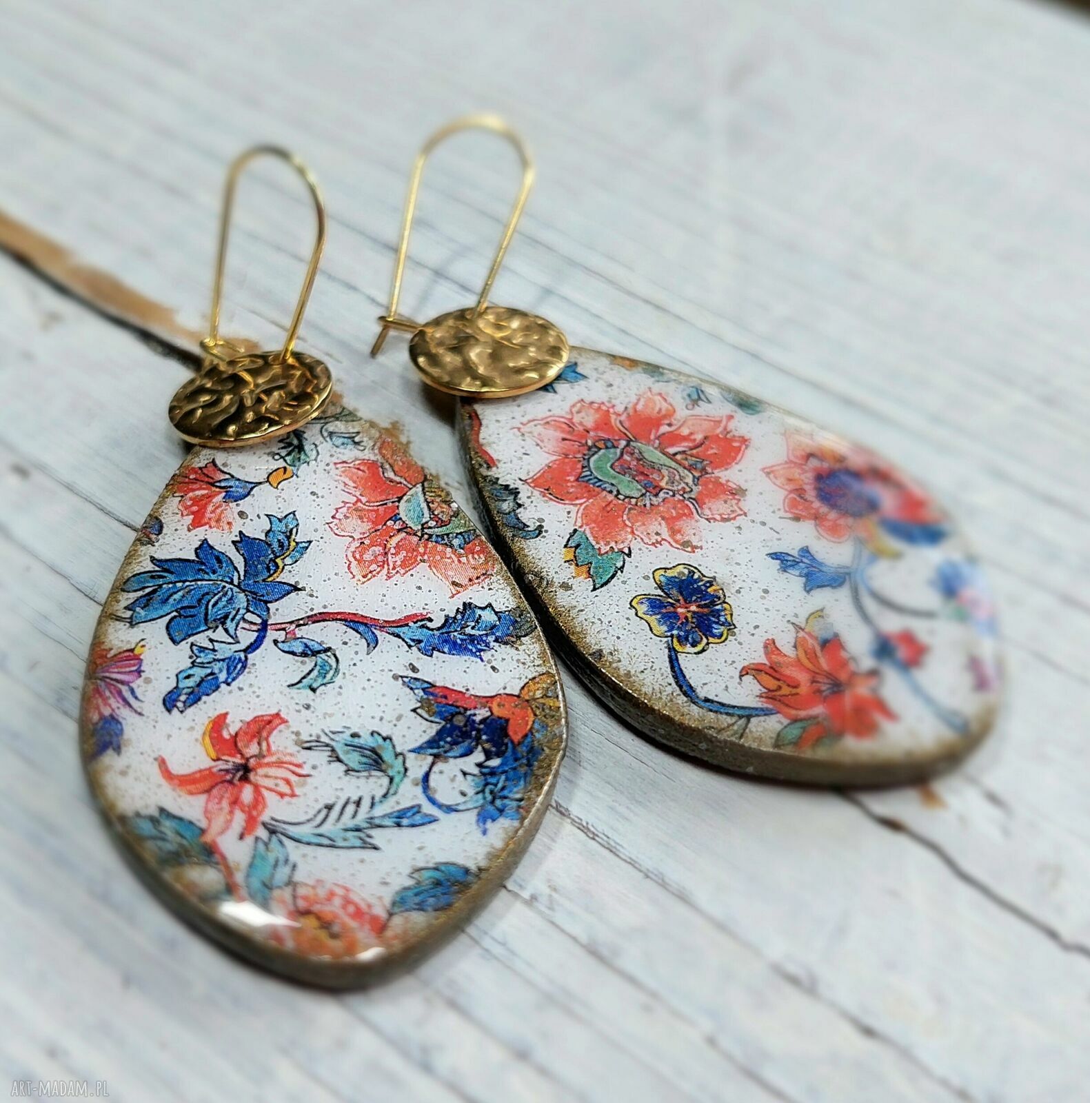 Orientalne kolczyki decoupage z żywicą - stal chirurgiczna