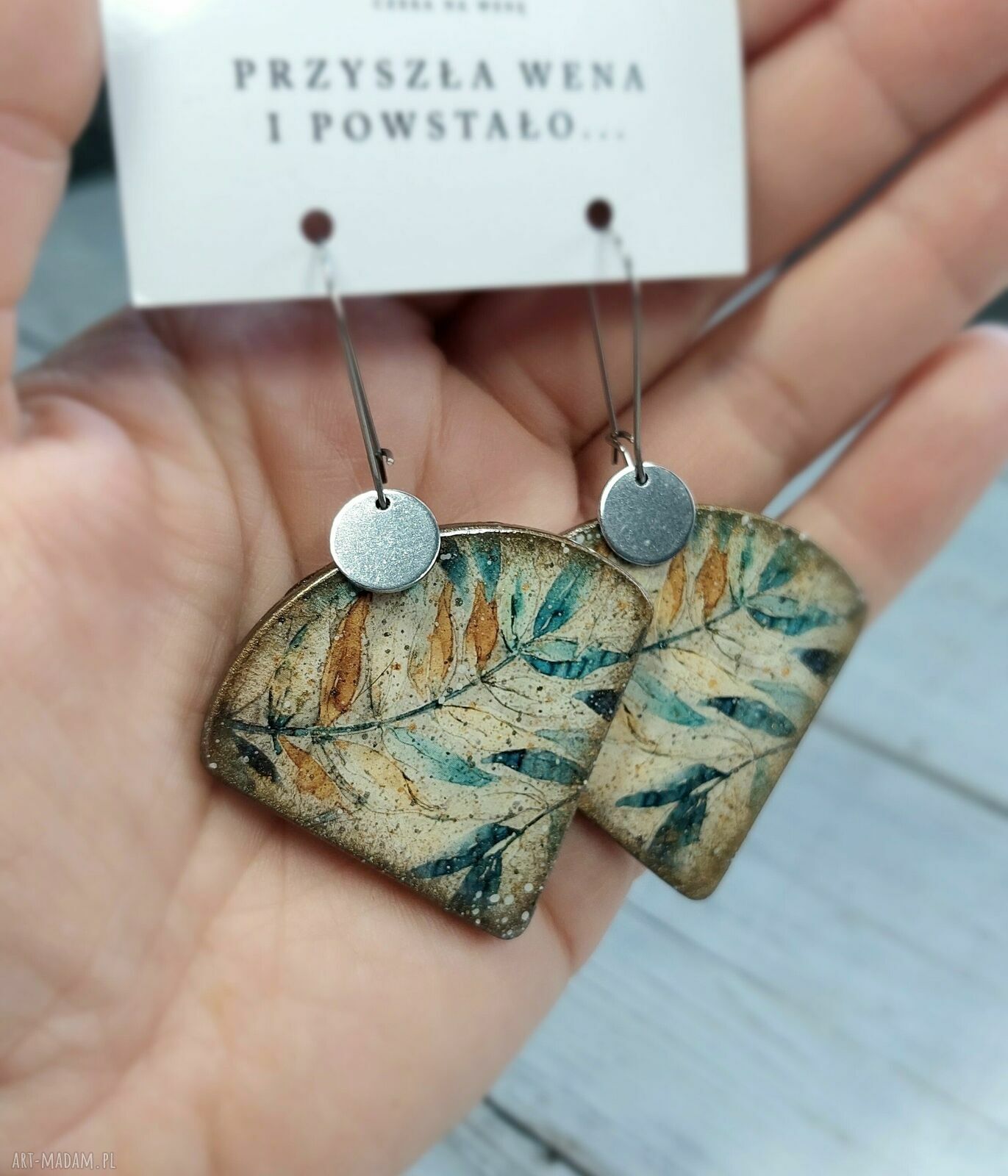 Wiszące kolczyki decoupage - jesień vintage, motyw roślinny, żywica UV (stal chirurgiczna)