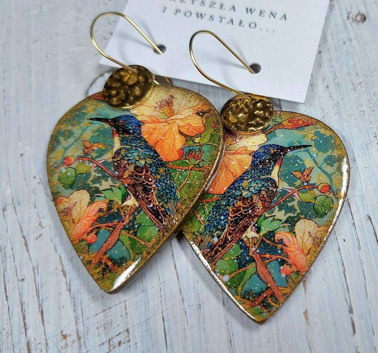 Kolczyki decoupage ze stali chirurgicznej - vintage kwiaty i ptak
