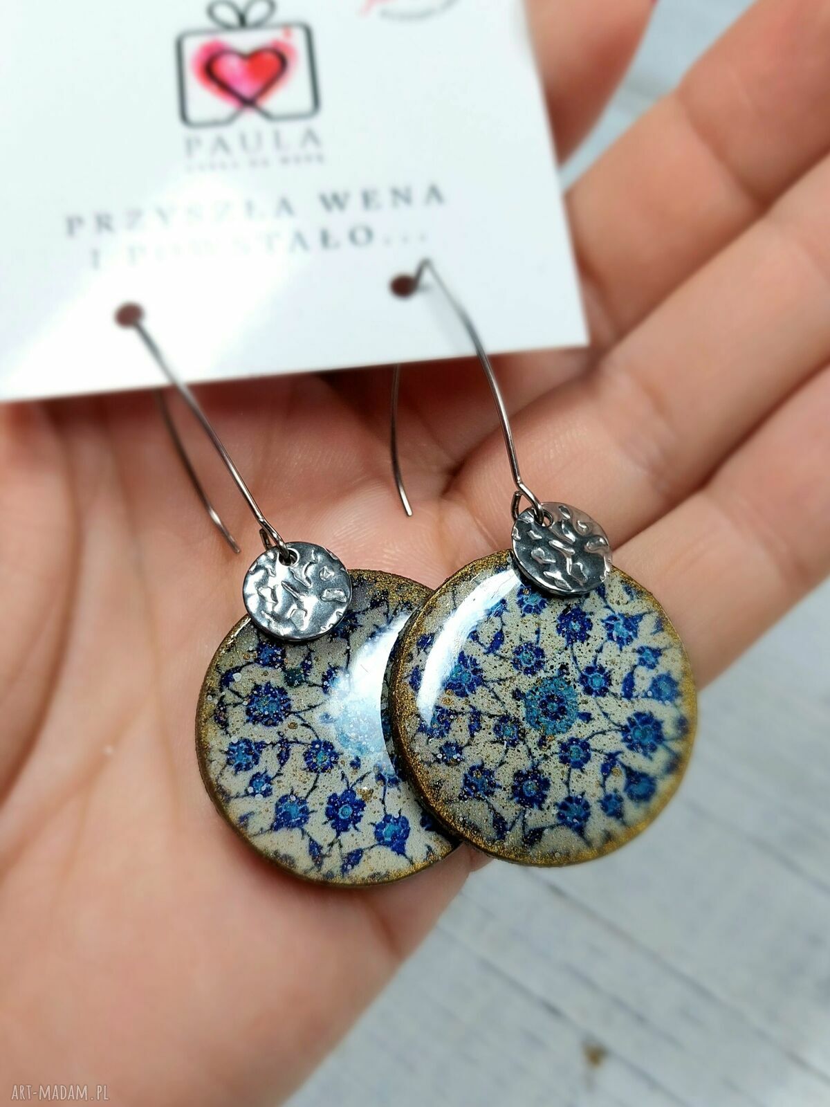 Wiszące kolczyki decoupage z żywicy na biglach rybkach - orientalny wzór