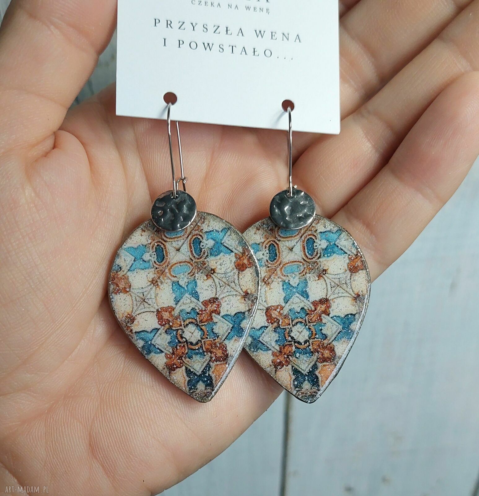 Kolczyki decoupage Kafle vintage - niebieskie, brązowe i srebrne