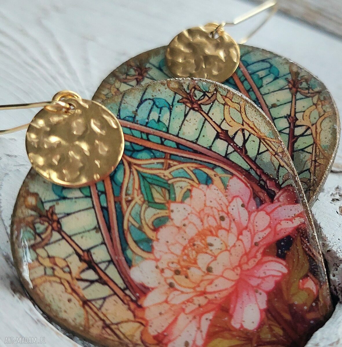 Kolczyki decoupage orientalny lotos ze stali chirurgicznej