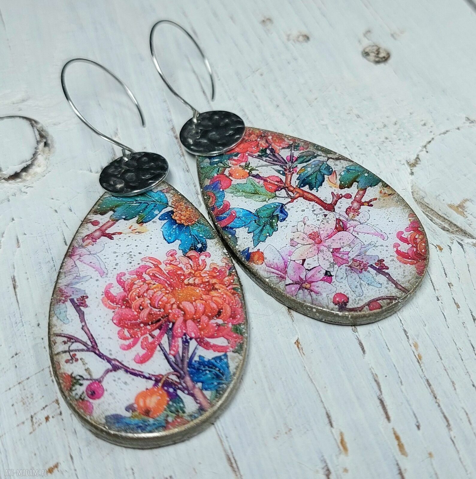 Kolczyki decoupage orientalne z kwiatami na stali chirurgicznej