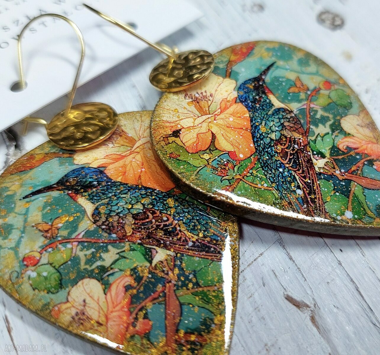 Kolczyki decoupage ze stali chirurgicznej - vintage kwiaty i ptak