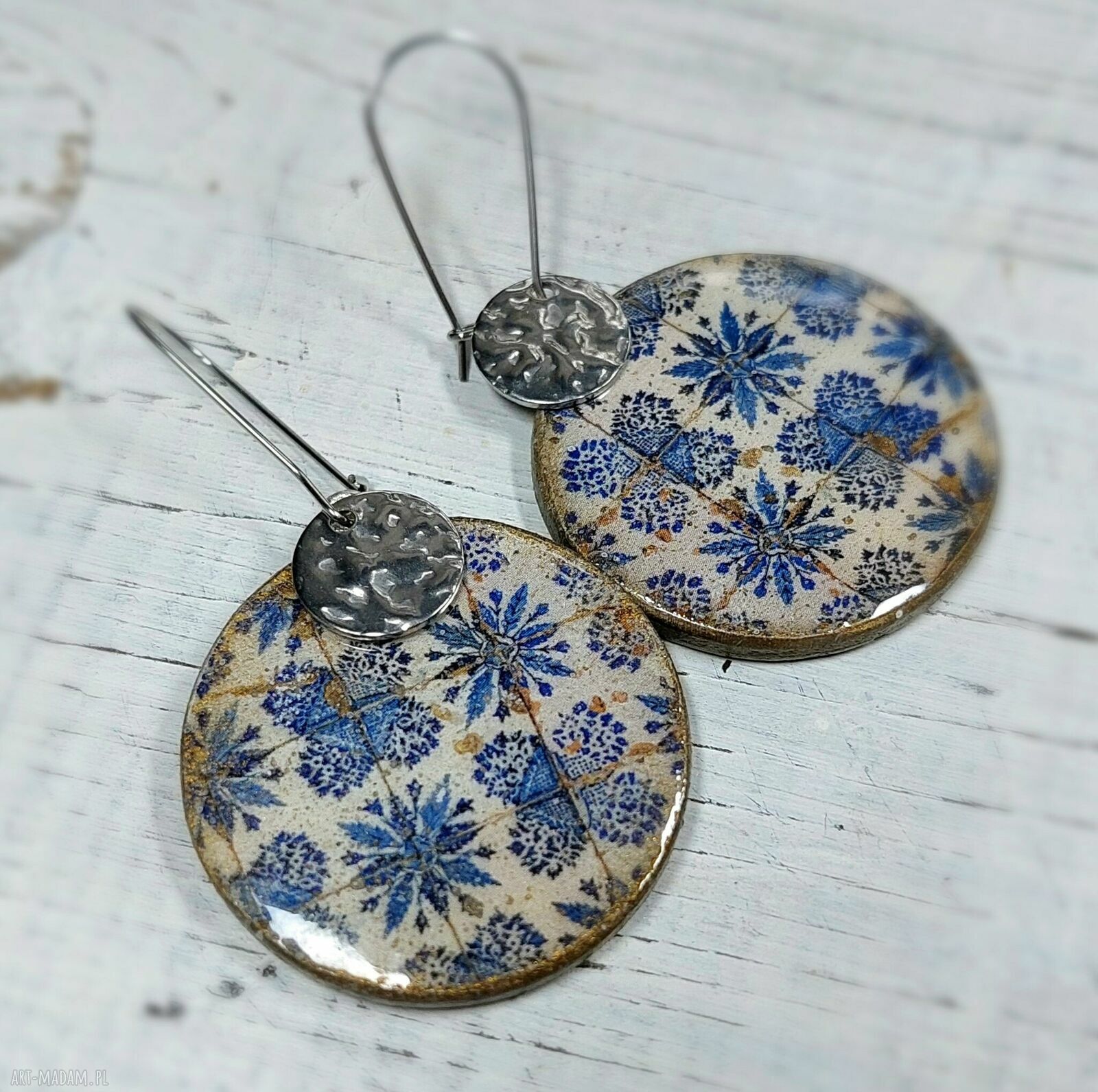 Kolczyki decoupage wiszące w orientalnym stylu - stal chirurgiczna i żywica