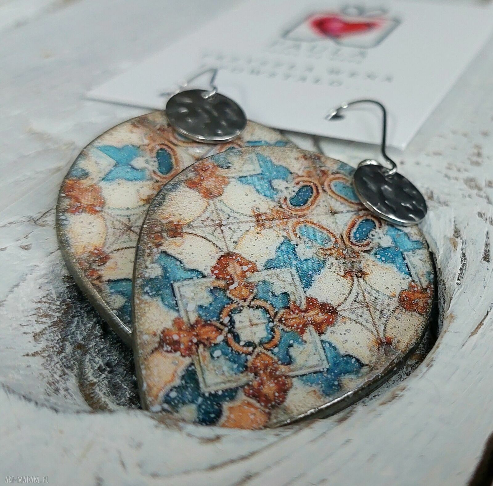 Kolczyki decoupage Kafle vintage - niebieskie, brązowe i srebrne