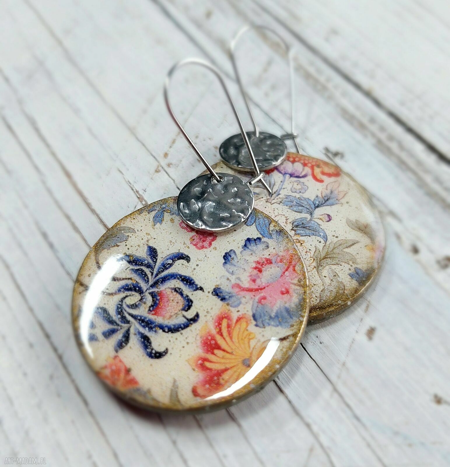 Kolczyki decoupage folk ze stali chirurgicznej - rękodzieło art-Madam.pl