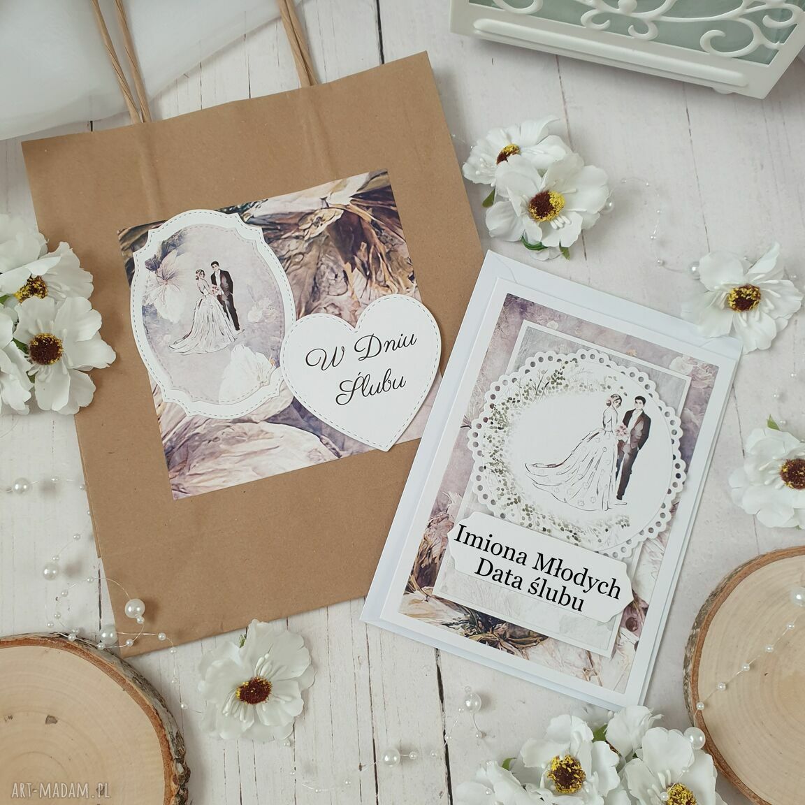 ślub: Zestaw prezentowy na ślub: pudełko, karteczka personalizowana, torebka