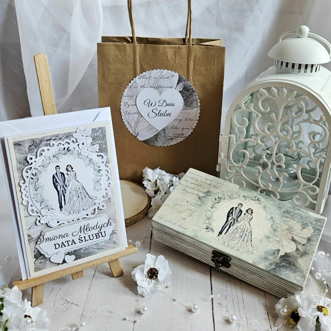 Zestaw prezentowy na ślub - pudełko decoupage z karteczką A6