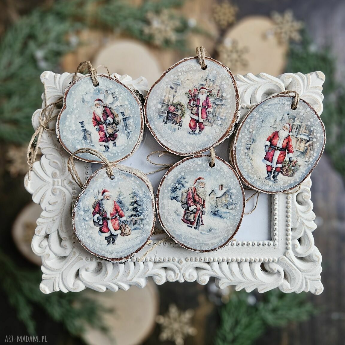 święta prezent? Zimowe plasterki dekoracje choinkowe decoupage