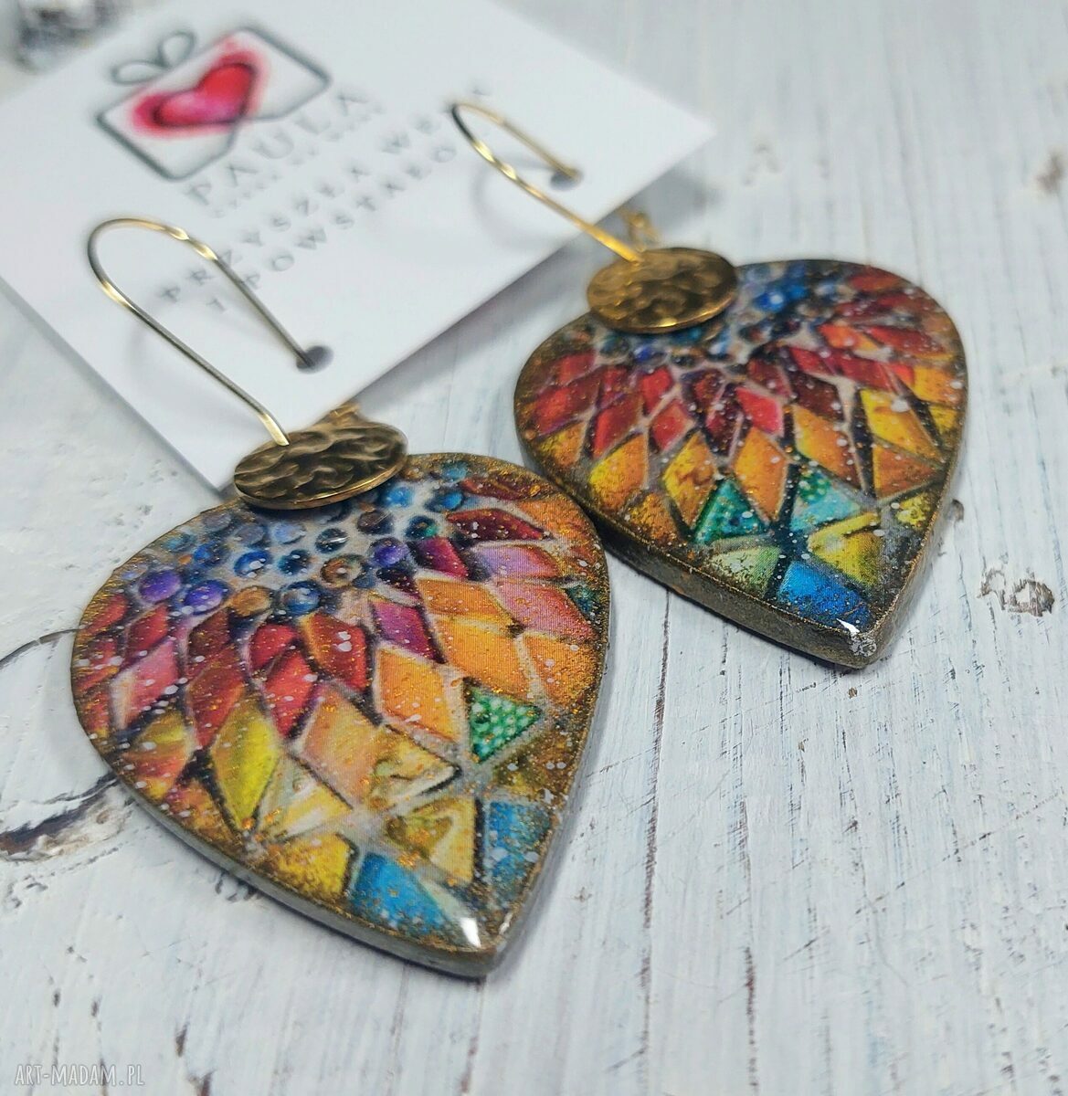 Kolczyki decoupage z efektem witrażu - żywica i stal chirurgiczna