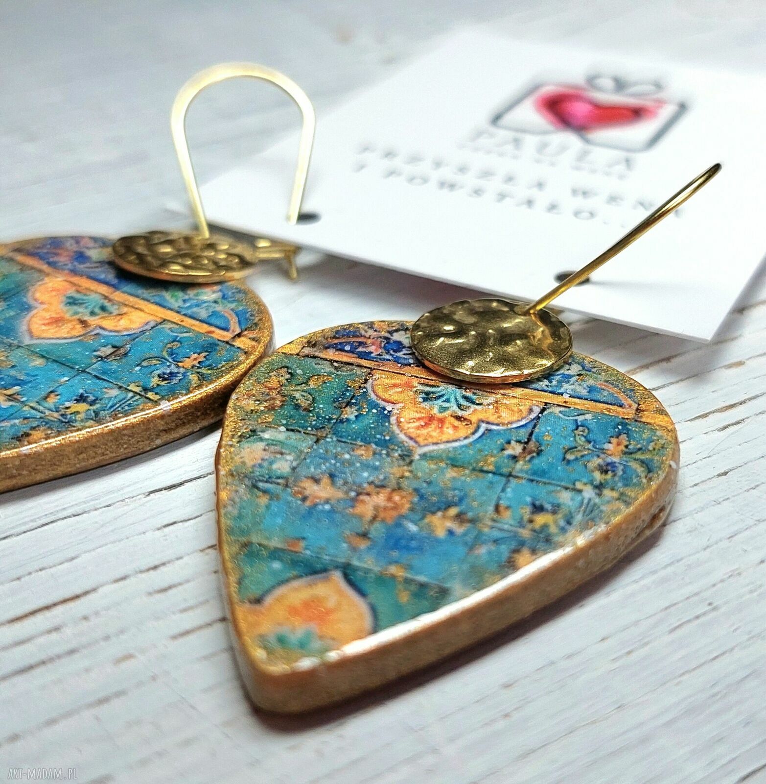 Kolczyki decoupage orientalne z żywicy i stali chirurgicznej - turkus i złoto
