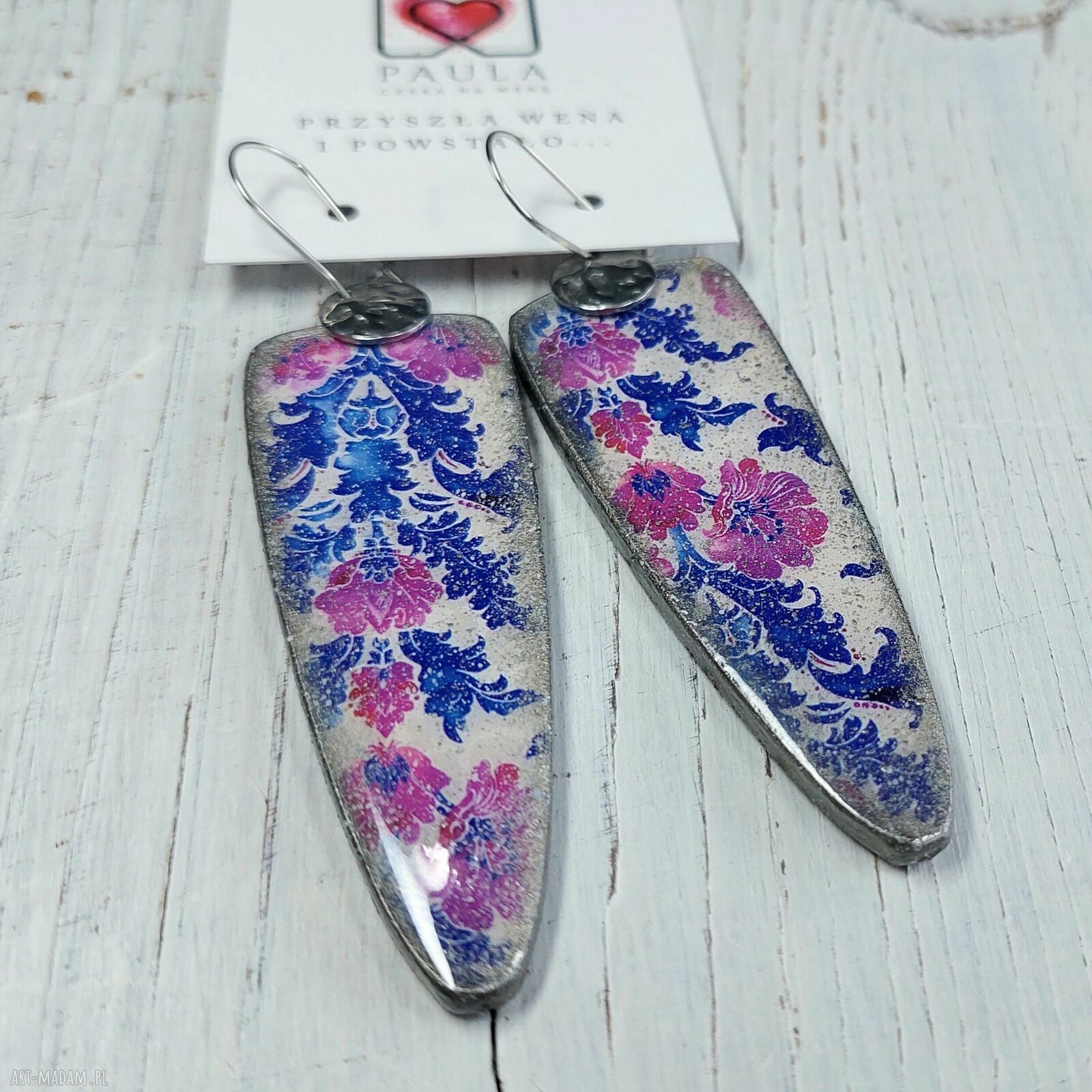 Wakacyjne kolczyki decoupage z kwiatami vintage - żywica i stal chirurgiczna