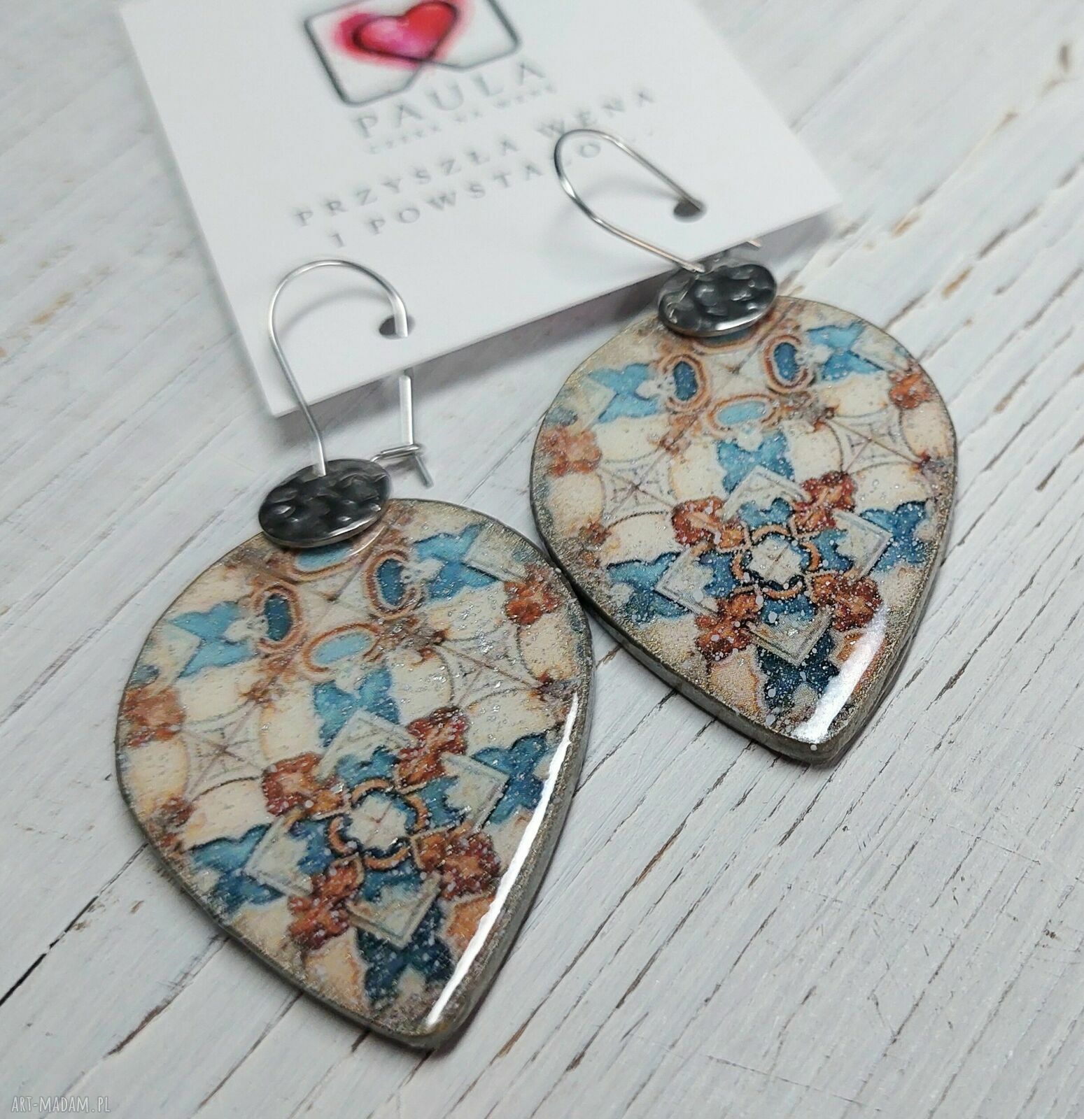 Kolczyki decoupage Kafle vintage - niebieskie, brązowe i srebrne