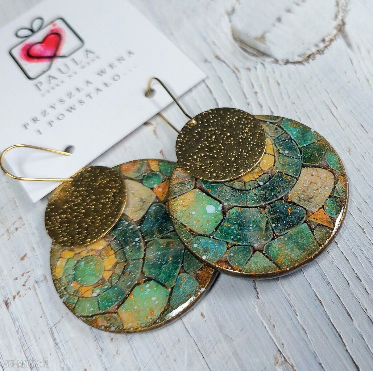 Kolczyki decoupage z żywicą - zielone koła