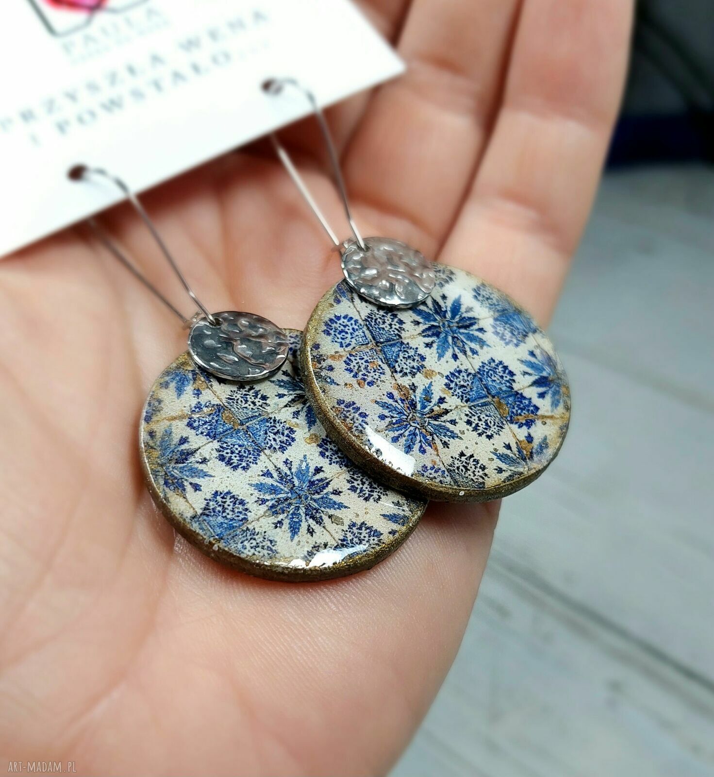 Kolczyki decoupage wiszące w orientalnym stylu - stal chirurgiczna i żywica