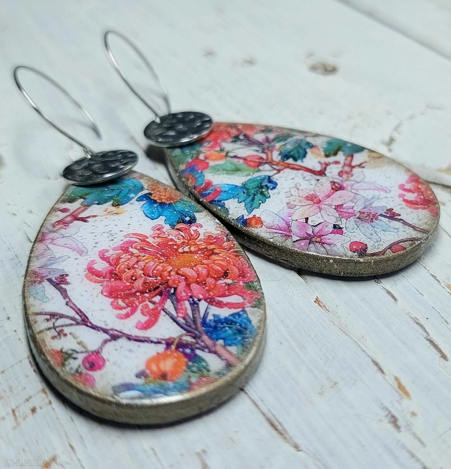Kolczyki decoupage orientalne z kwiatami na stali chirurgicznej