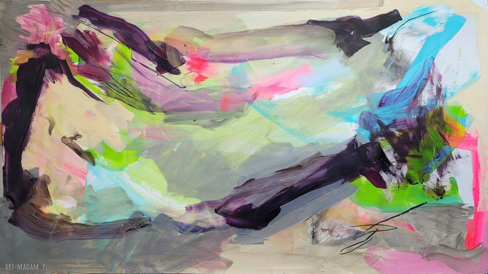 Abstrakcja deep purple - obraz akryl na papierze 112x64 cm (sygnowany i werniksowany)