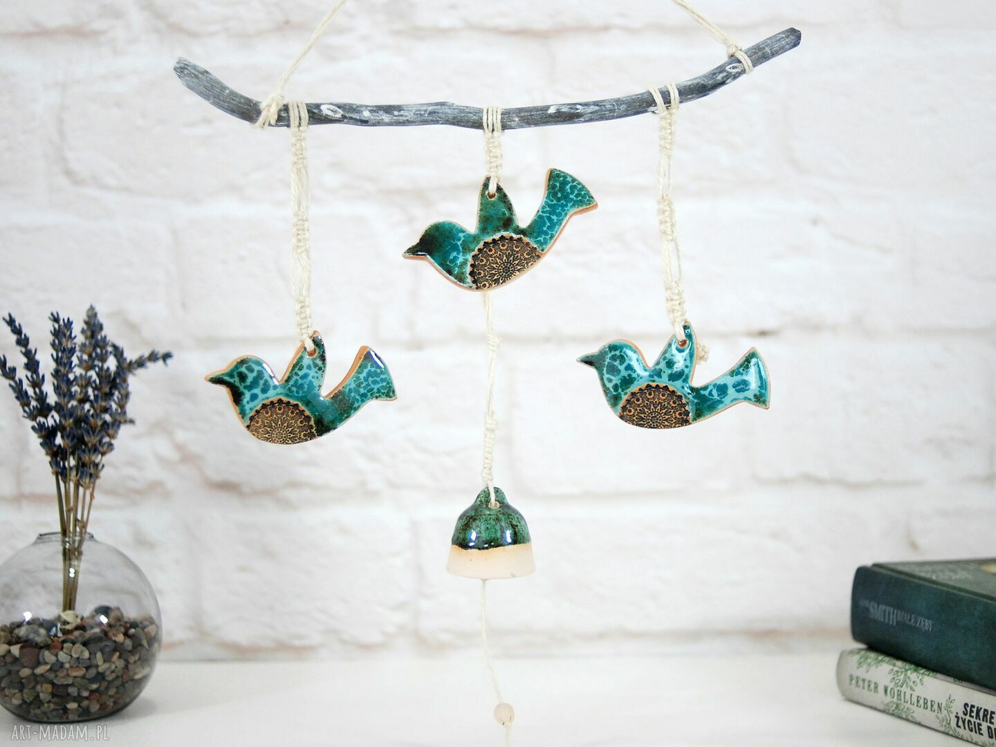 Turkusowe ptaki w locie - ceramiczna dekoracja ścienna boho