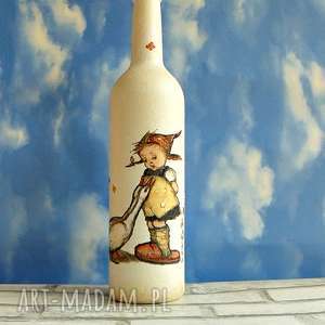 szklana butelka dziewczynka z gąskami - decoupage dekoracja, handmade