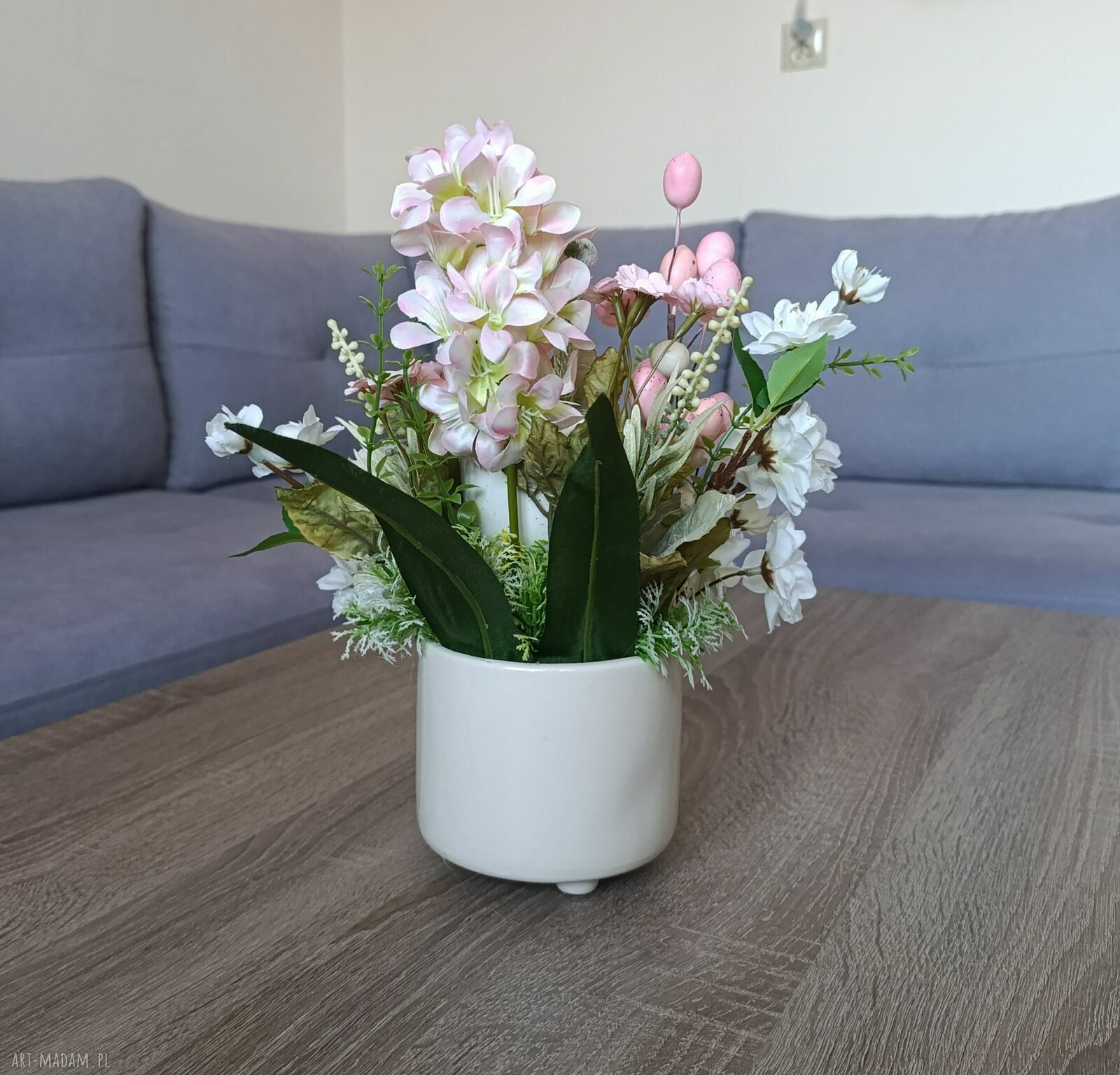 Stroik wielkanocny z ceramicznym zajączkiem - dekoracja do wnętrz