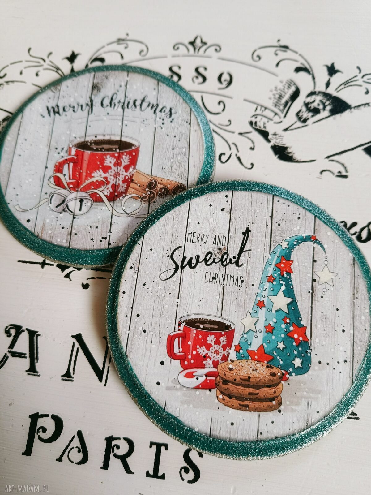 Świąteczne podkładki decoupage Merry Christmas - komplet 2 sztuk