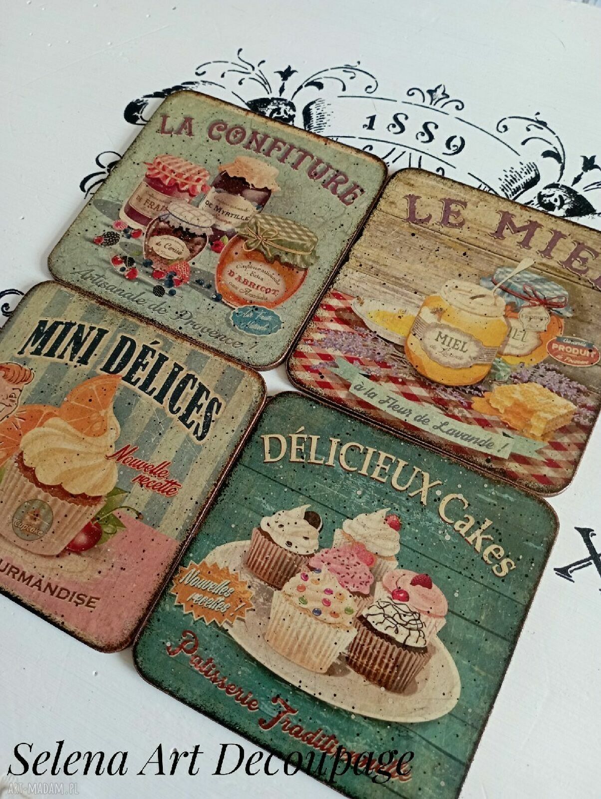 Ręcznie wykonane podkładki decoupage vintage - Prowansja, shabby chic i farmhouse (komplet 4 szt.)
