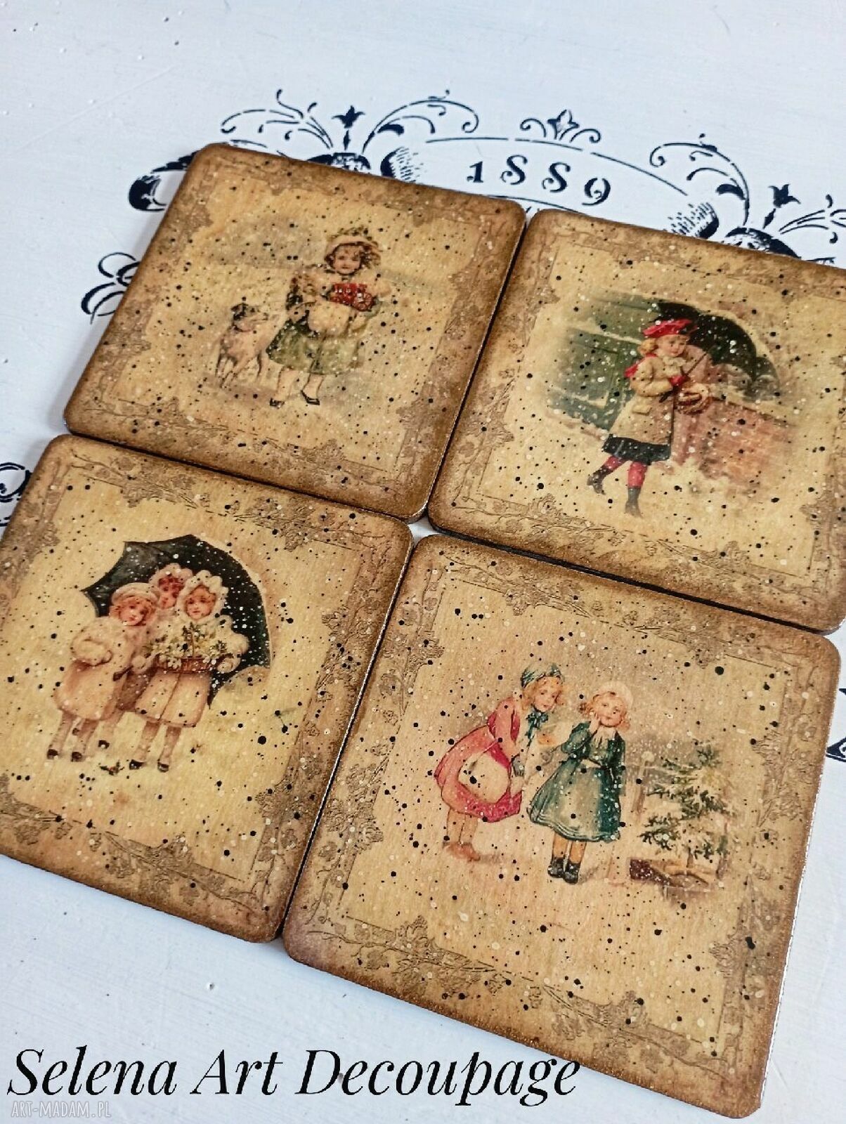 Dekoracyjne podkładki decoupage vintage w stylu farmhouse i prowansji - komplet 4 szt. 10x10 cm