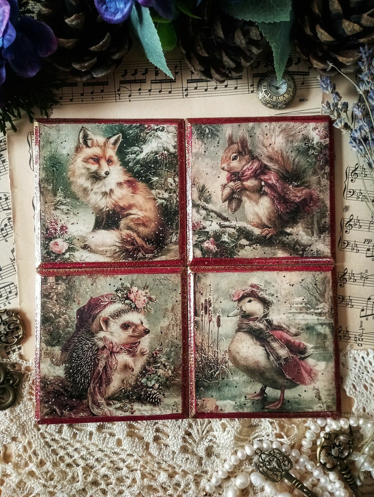 Dekoracyjne podkładki vintage 'Baśniowa Kraina' - komplet 4 szt.