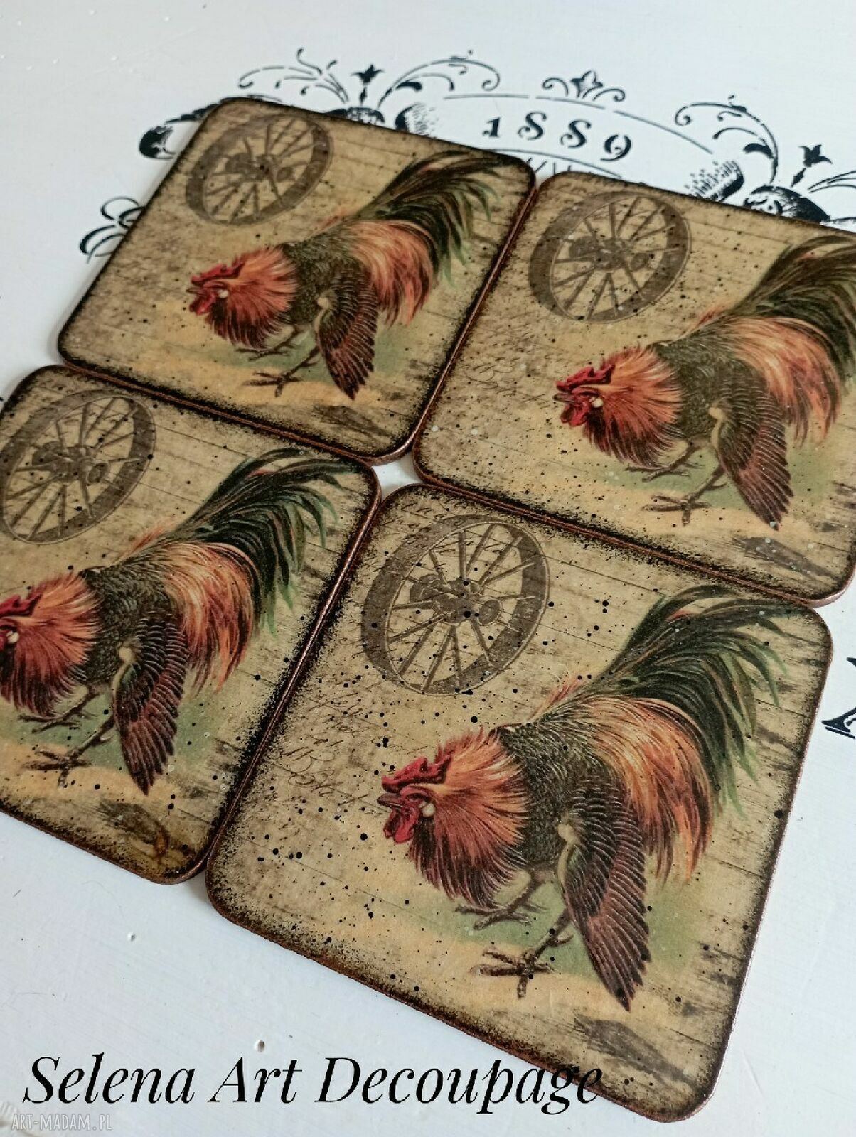 Podkładki decoupage z kogutami w stylu farmhouse i shabby chic - komplet 4 szt.
